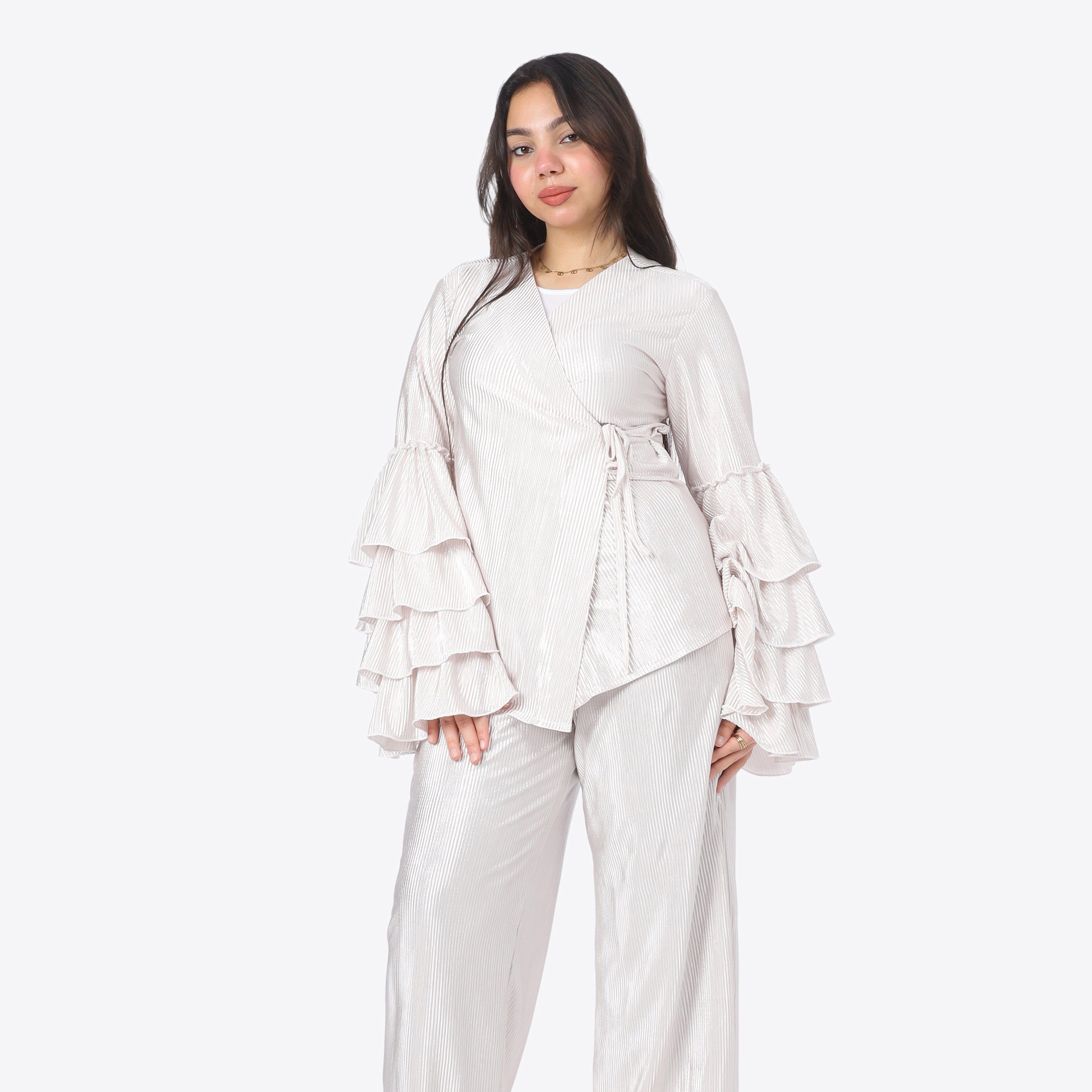 Metallic Wrap Blouse & Wide-Leg Pants Ensemble 2002/068/1