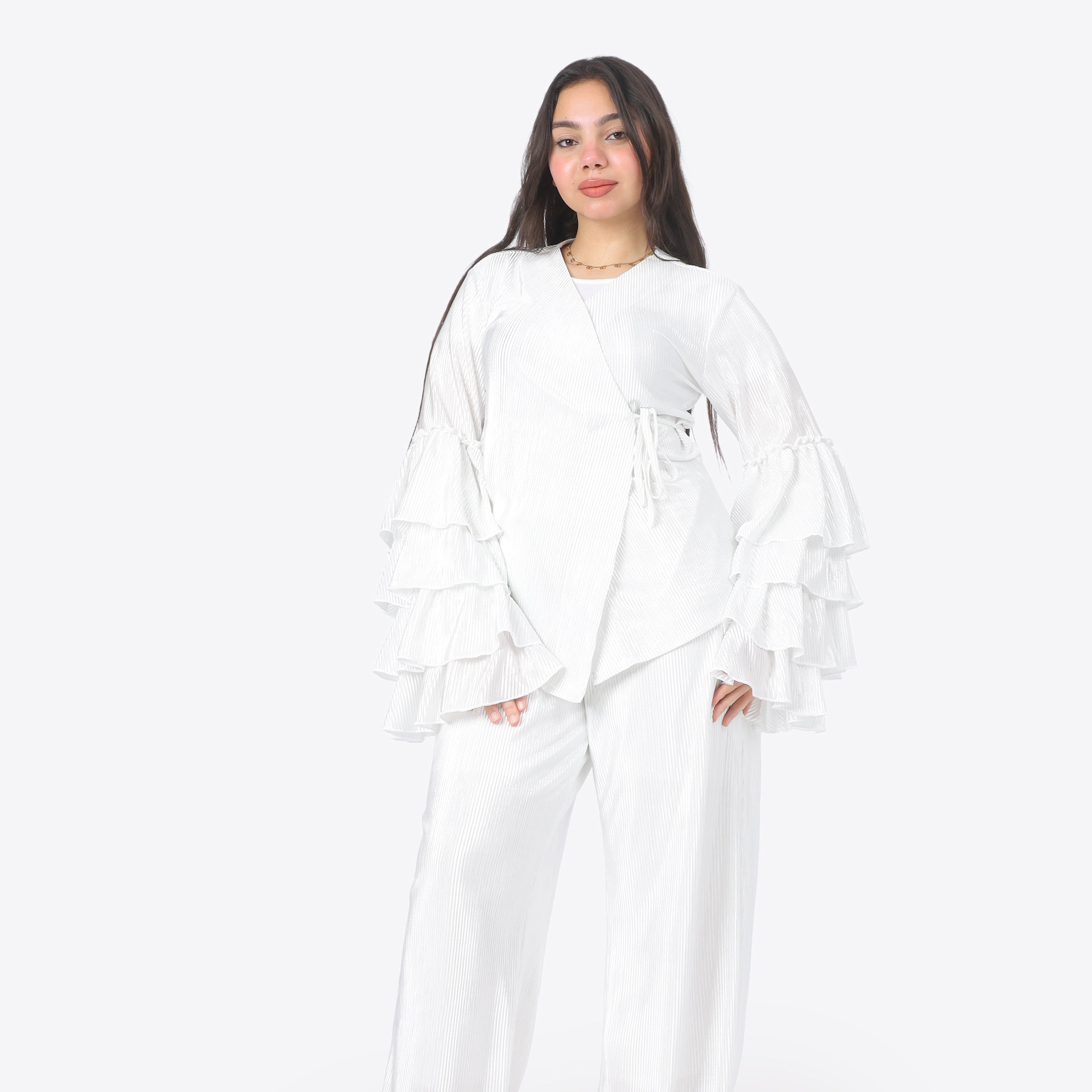 Metallic Wrap Blouse & Wide-Leg Pants Ensemble 2002/068/1