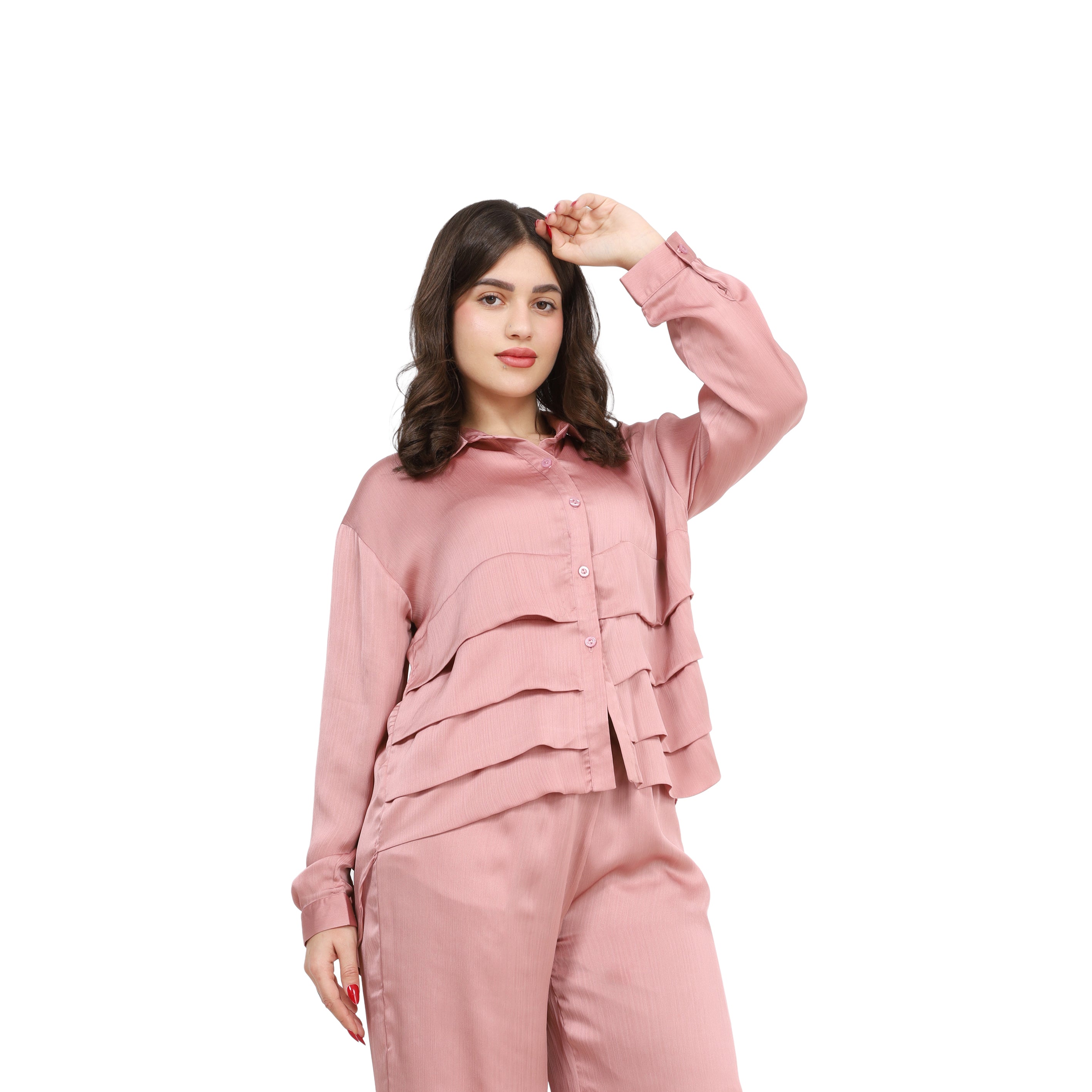 Ruffled Shirt & Wide-Leg Pants Co-Ord s1508686