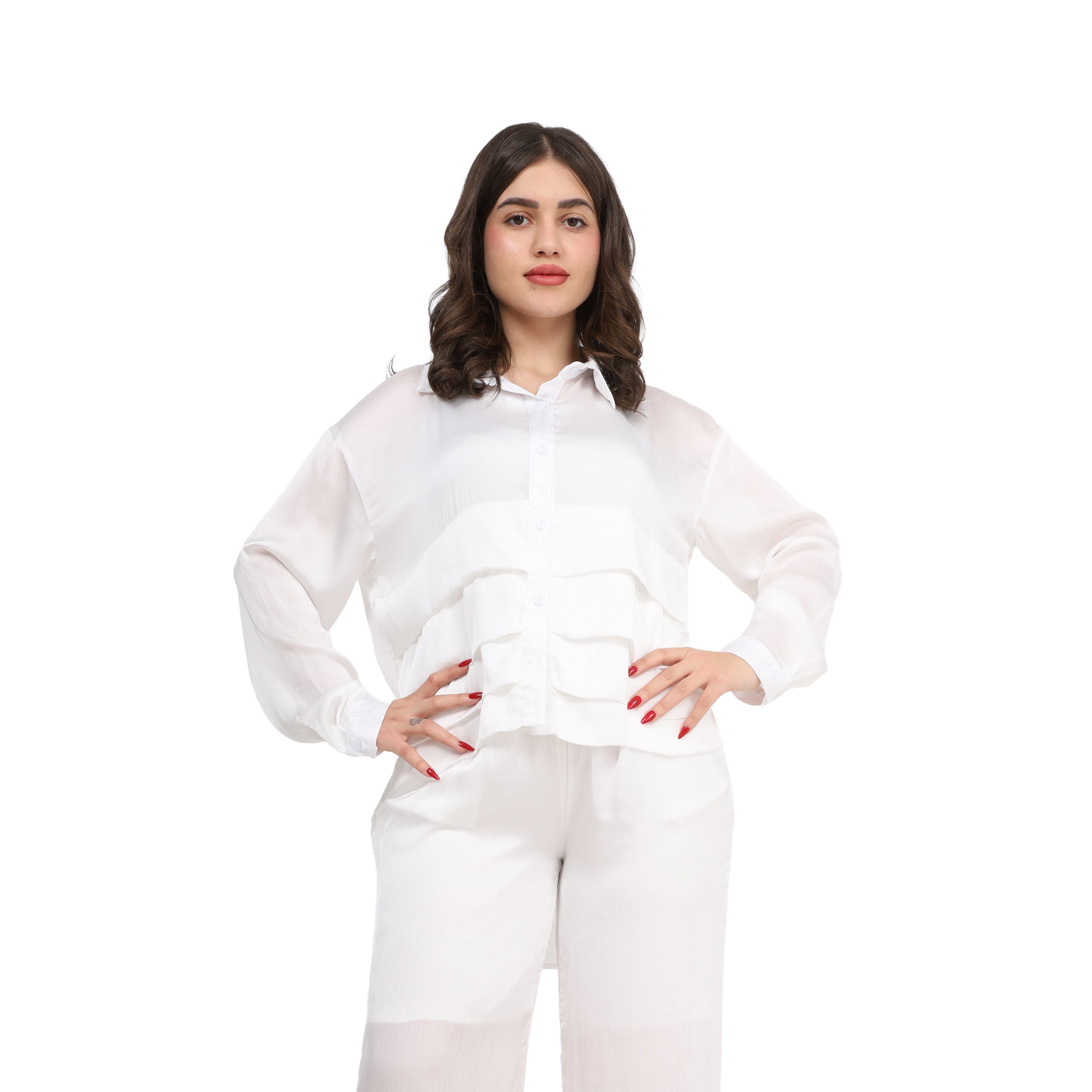 Ruffled Shirt & Wide-Leg Pants Co-Ord s1508686