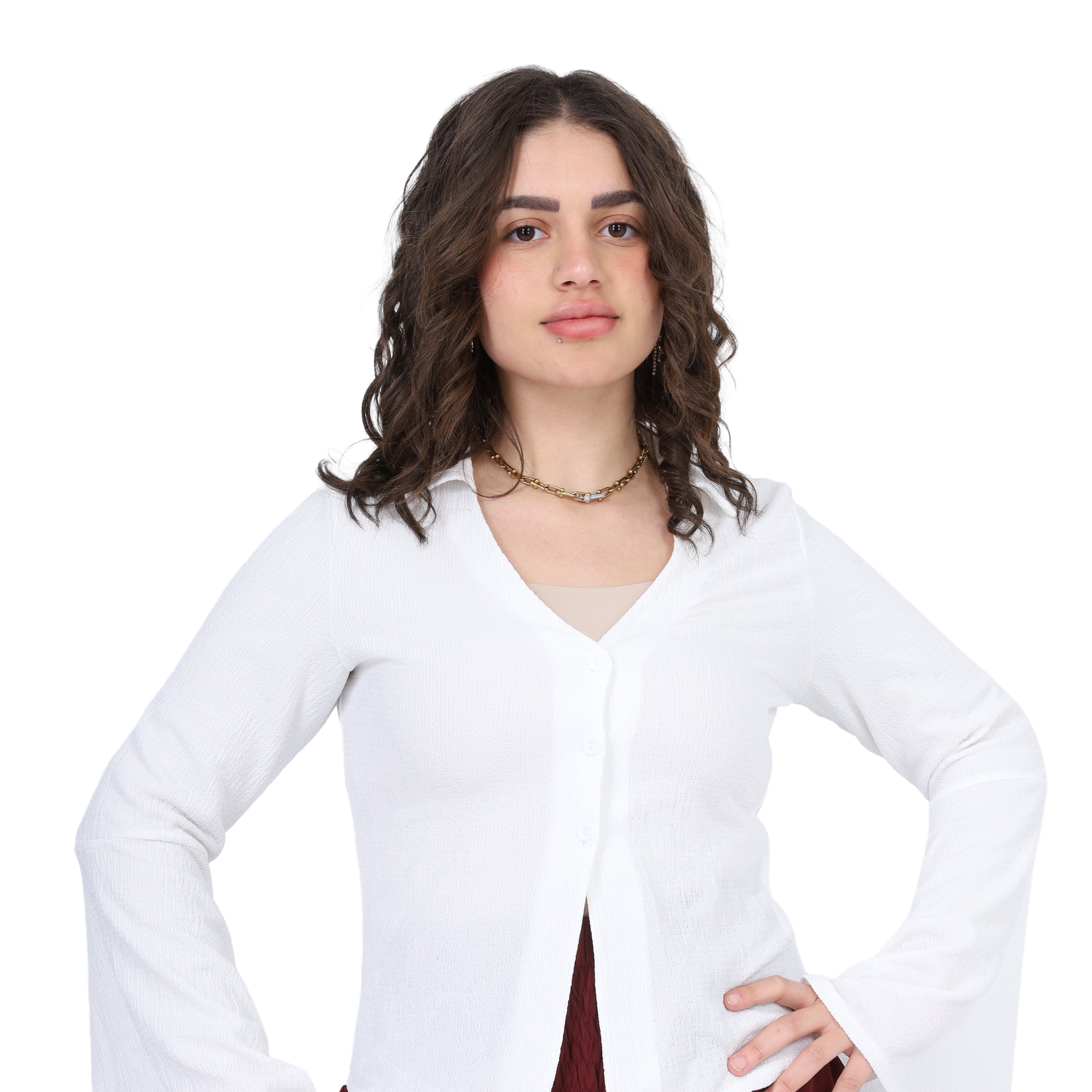 Cropped V-Neck Blouse with Wide Sleeves s1523597