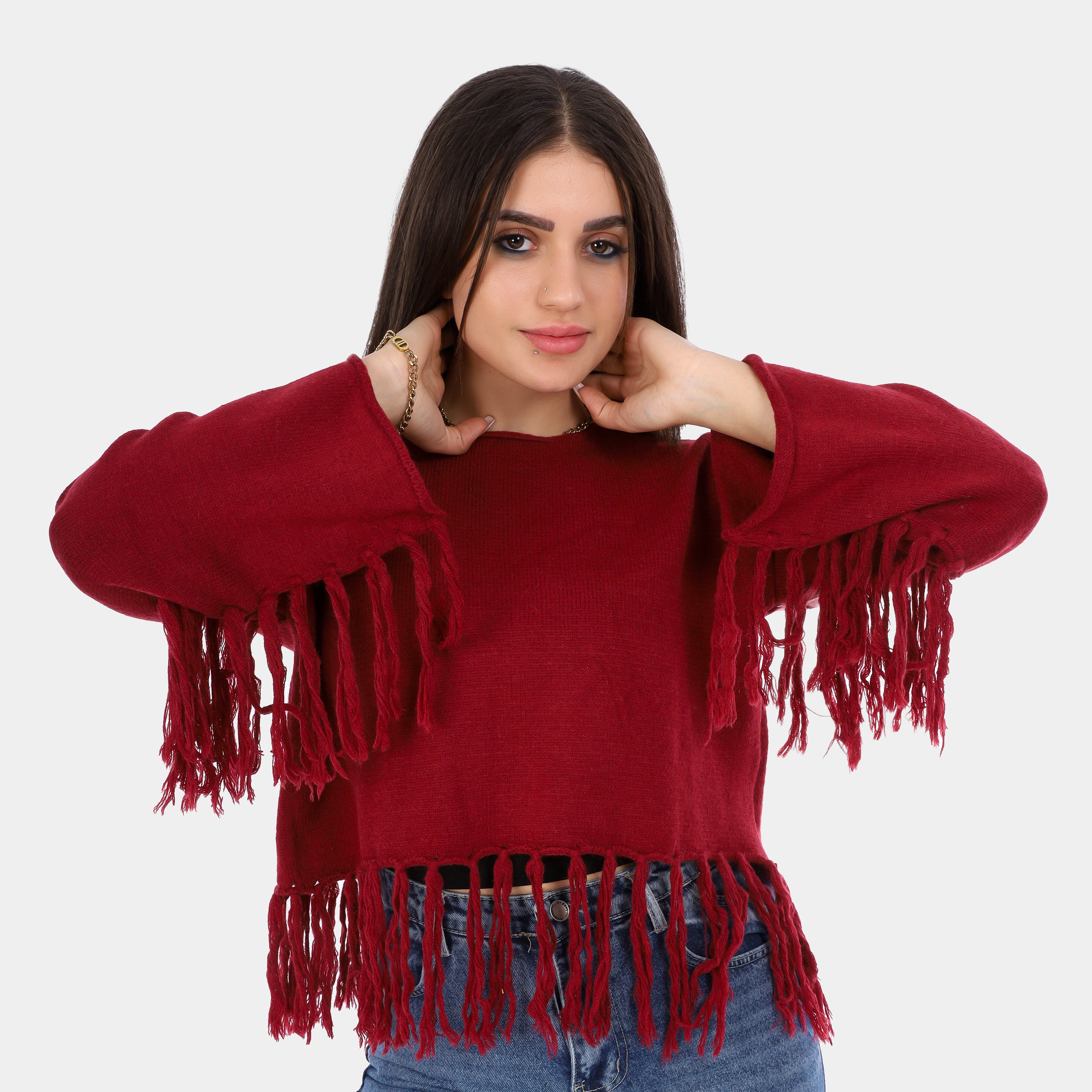Fringe Hem Cropped Knit Pullover w16252670