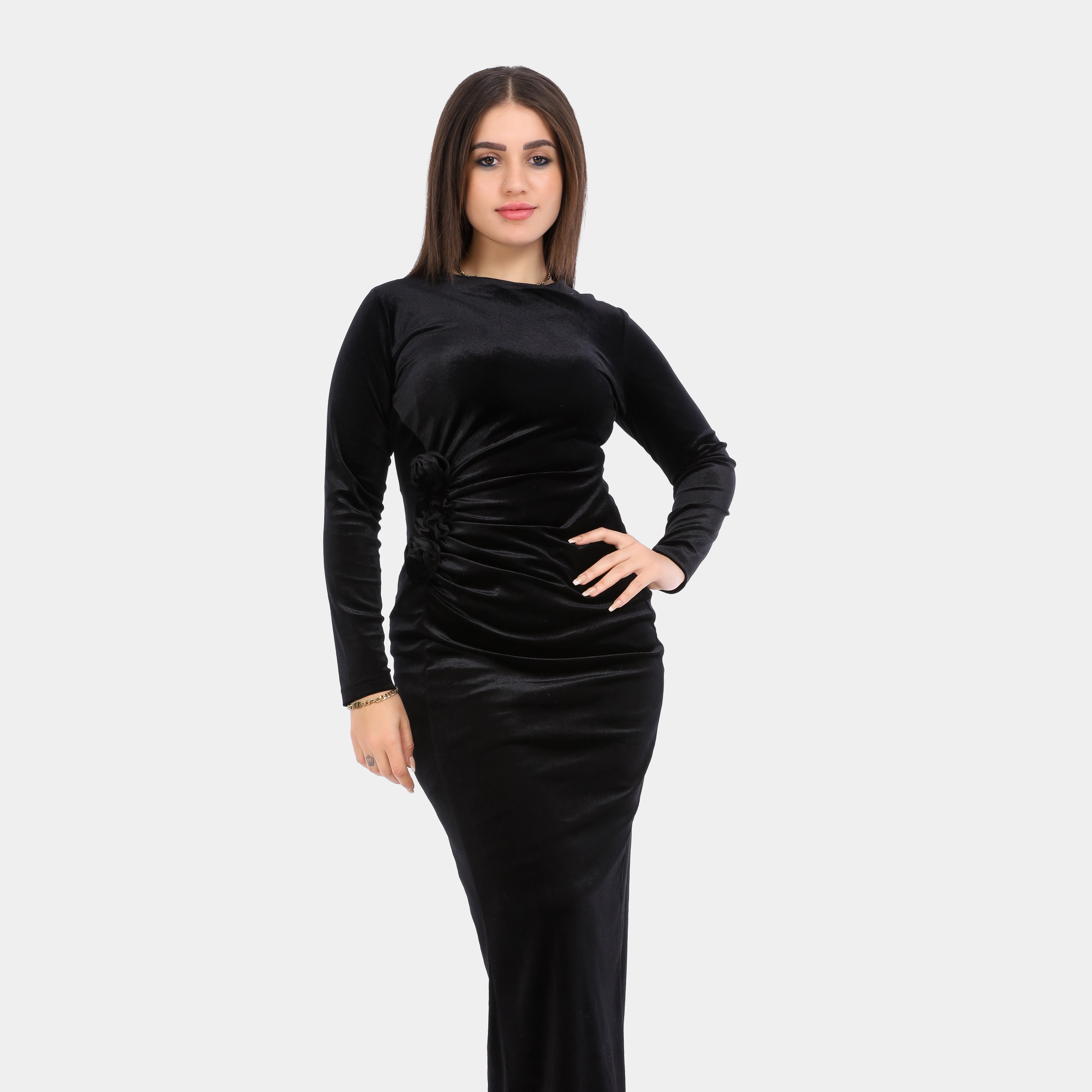 Velvet Midi Dress with Side Ruching w17193004
