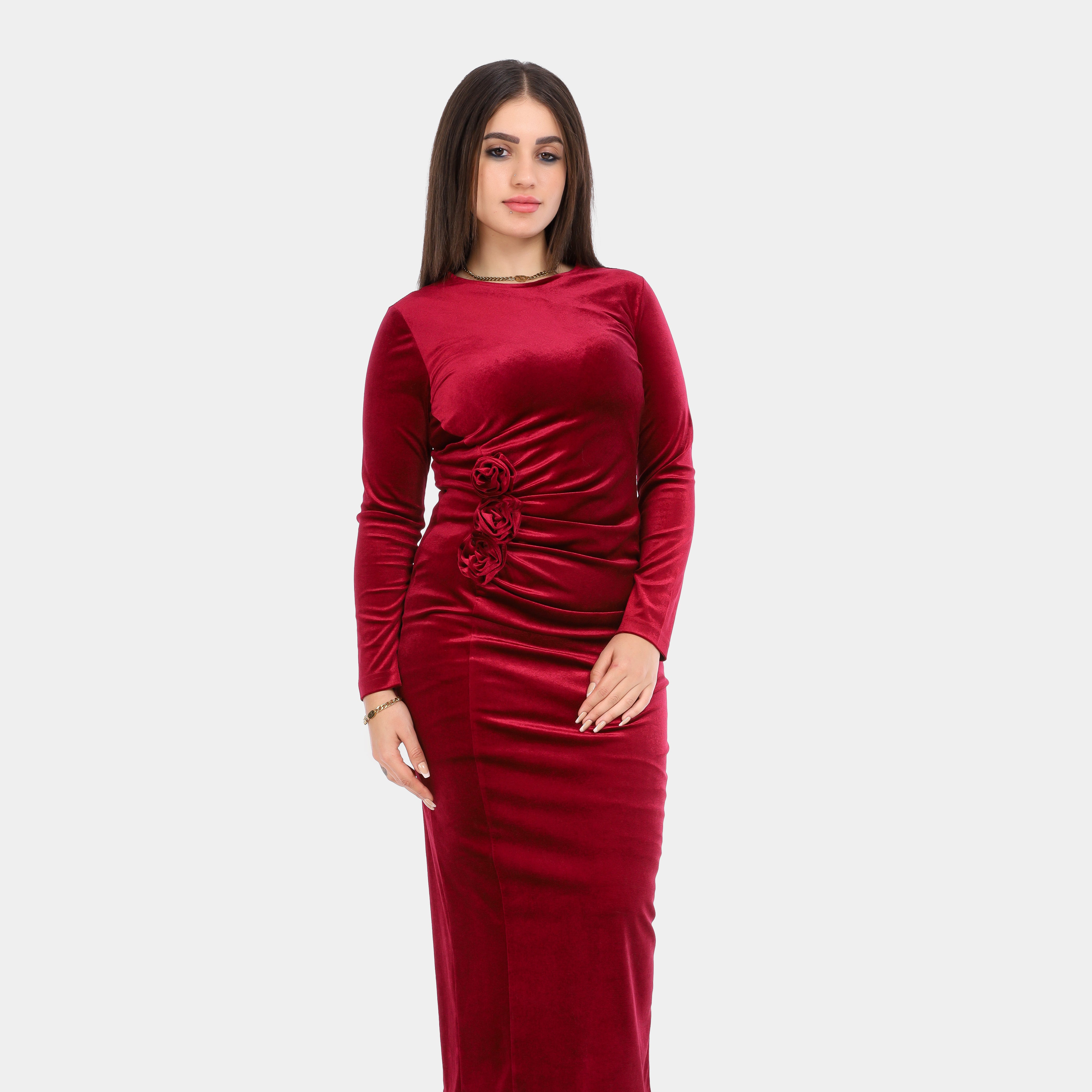 Velvet Midi Dress with Side Ruching w17193004