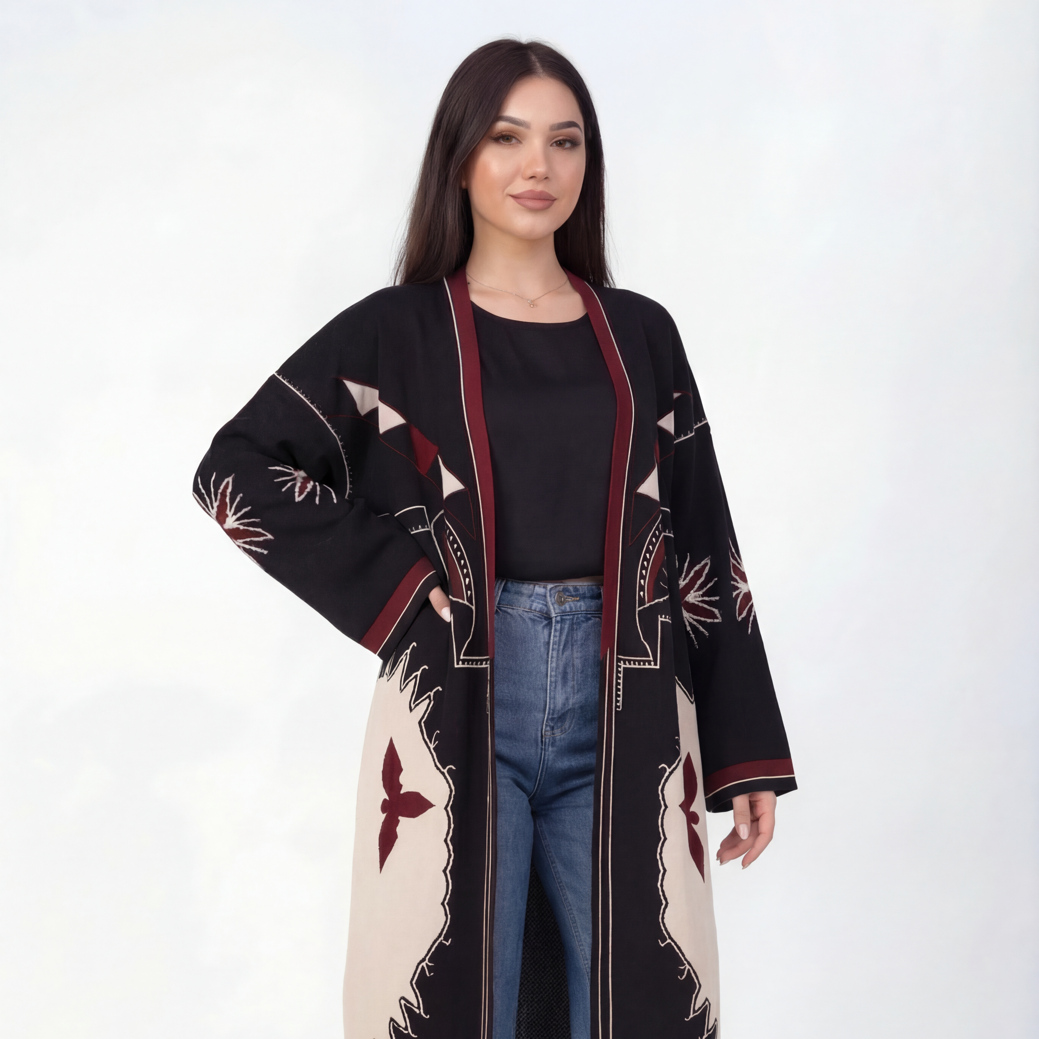 Geometric Pattern Long Wool Cardigan w8301387