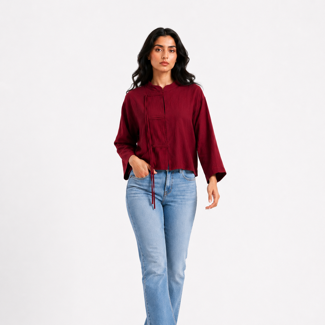 Chinese-Inspired Cropped Button Blouse 2013/220