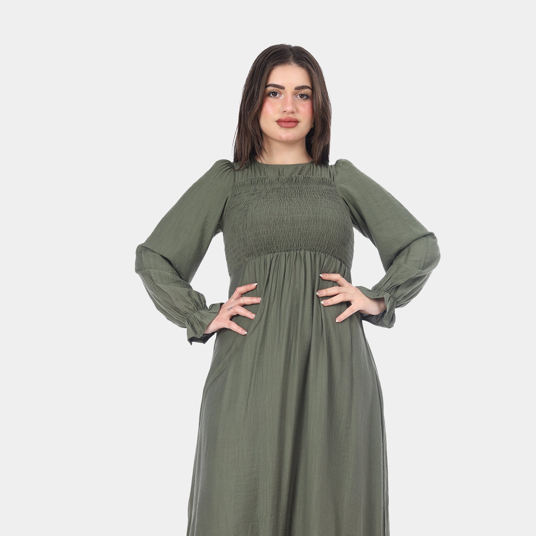Smocked Bodice Long Sleeve Maxi Dress s1501319