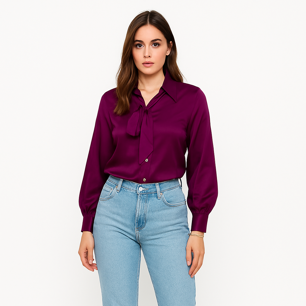 Satin Shirt with Puff Sleeves & Neck Tie s1502321/1