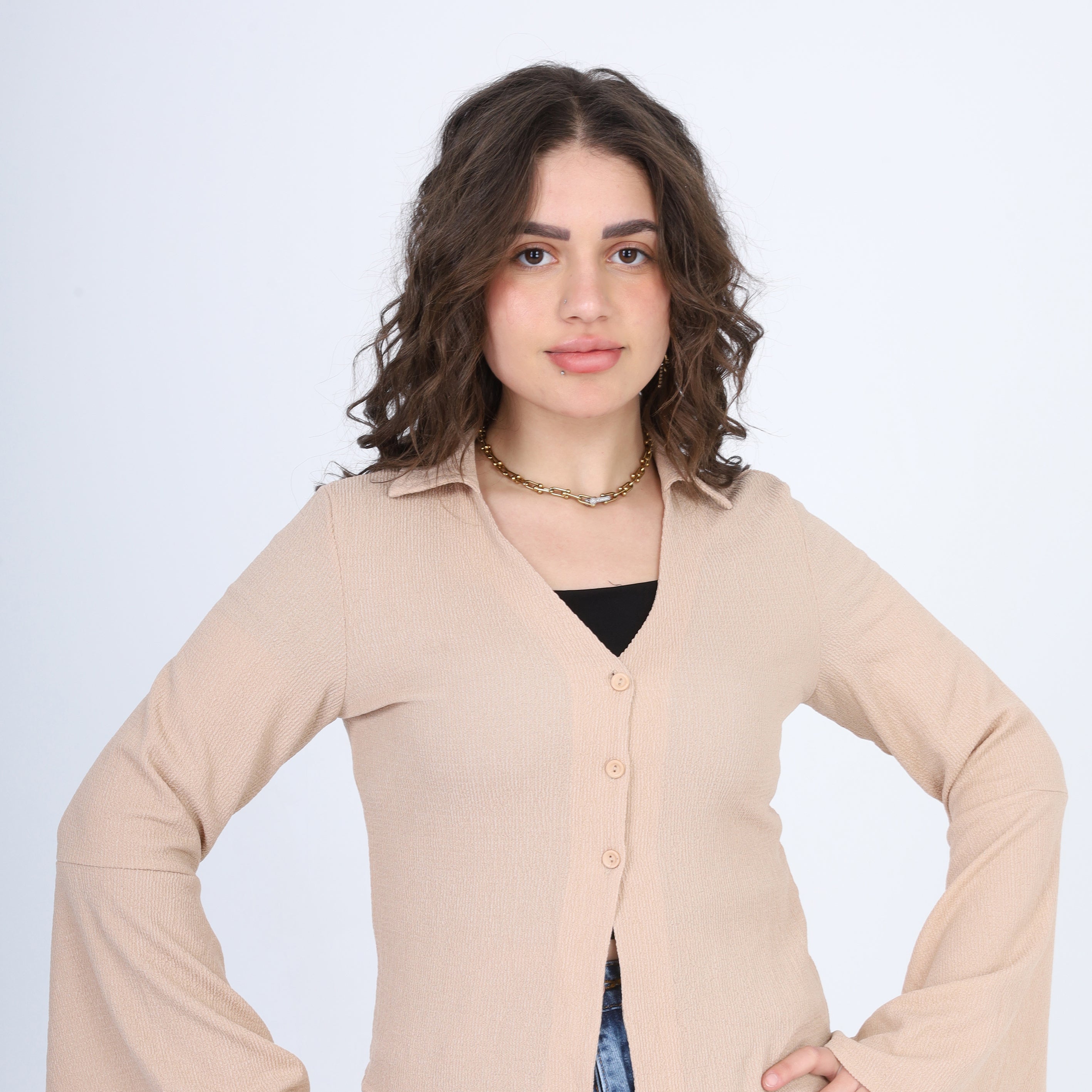 Cropped V-Neck Blouse with Wide Sleeves s1523597