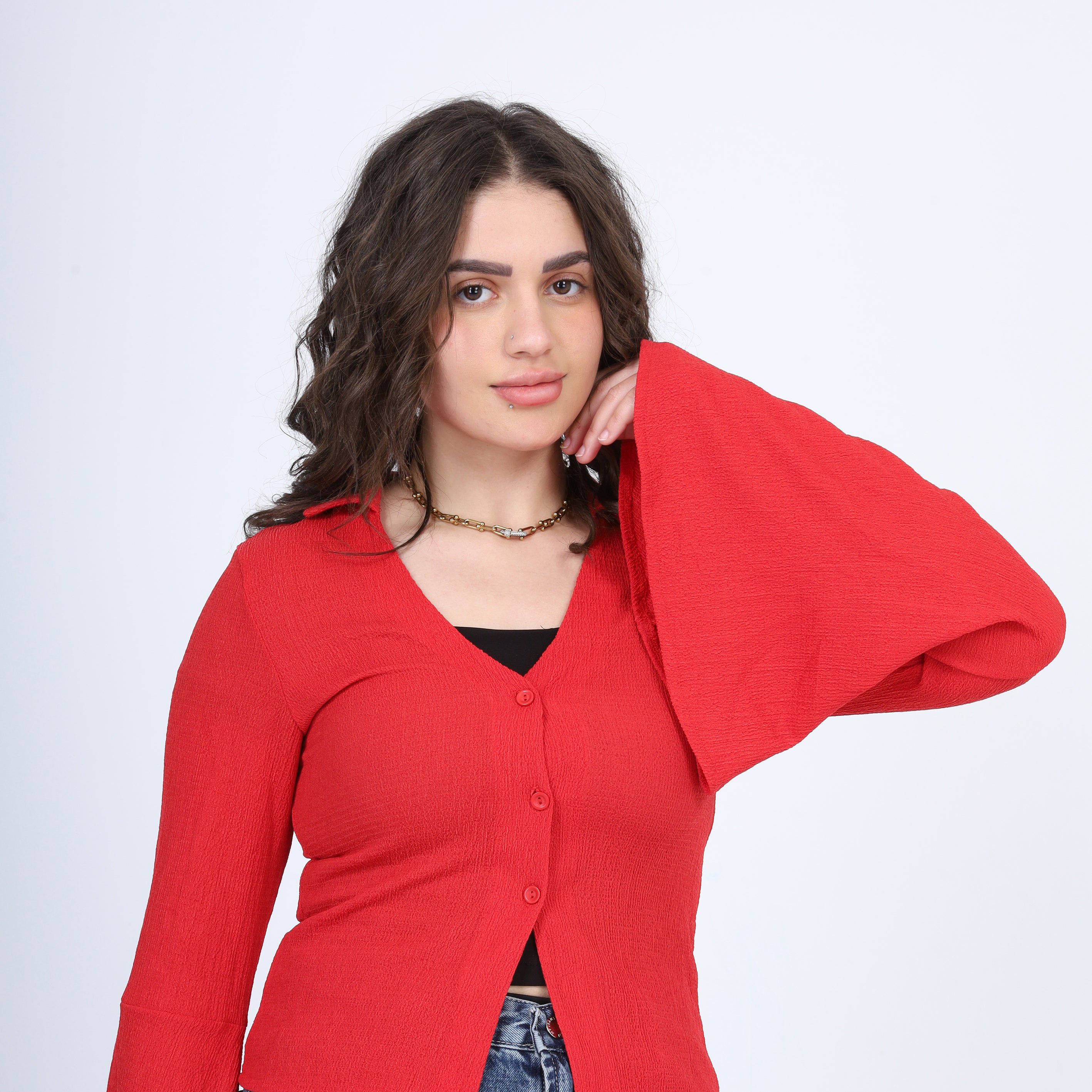 Cropped V-Neck Blouse with Wide Sleeves s1523597