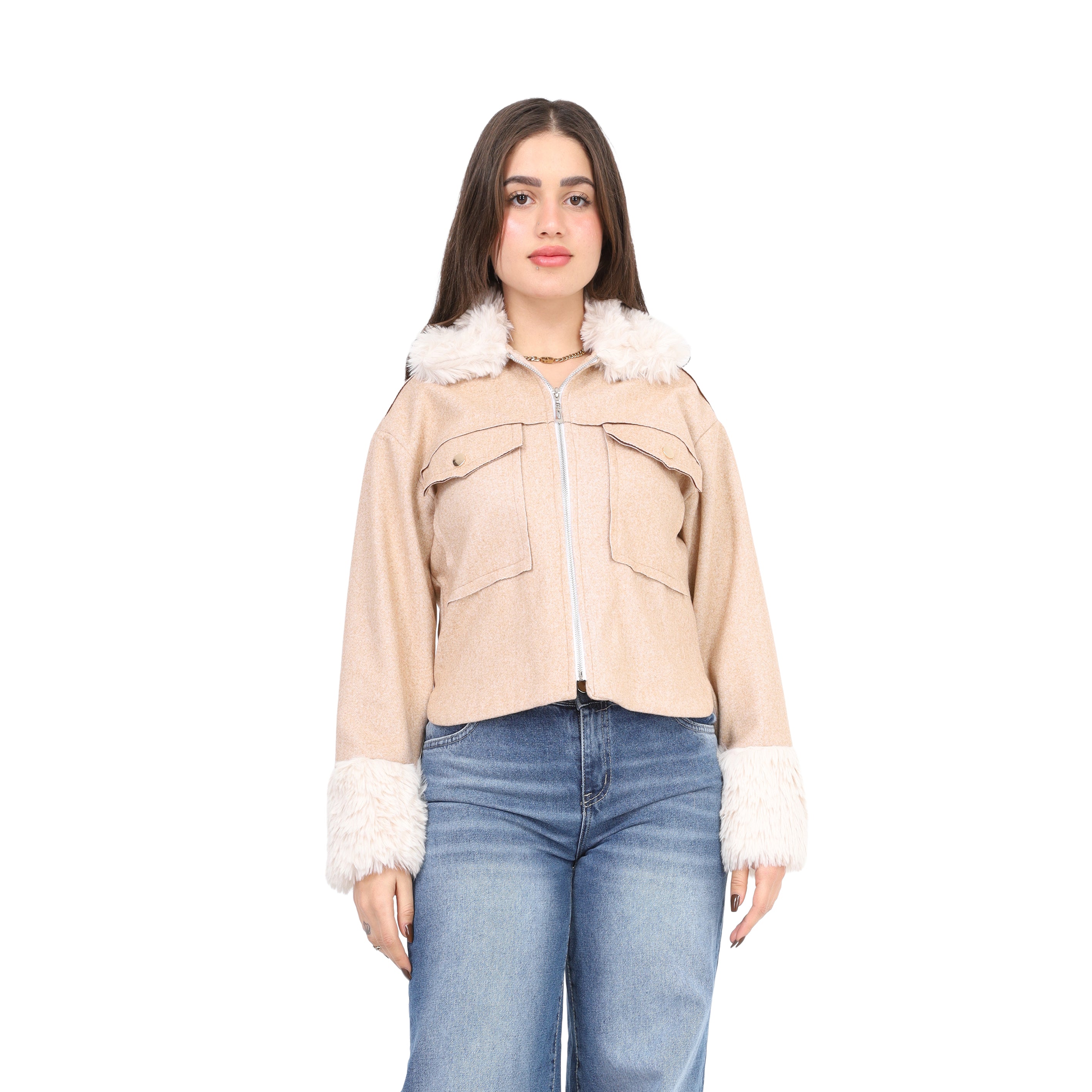 Wool Jacket with Fur Collar & Cuff Trim w10037130