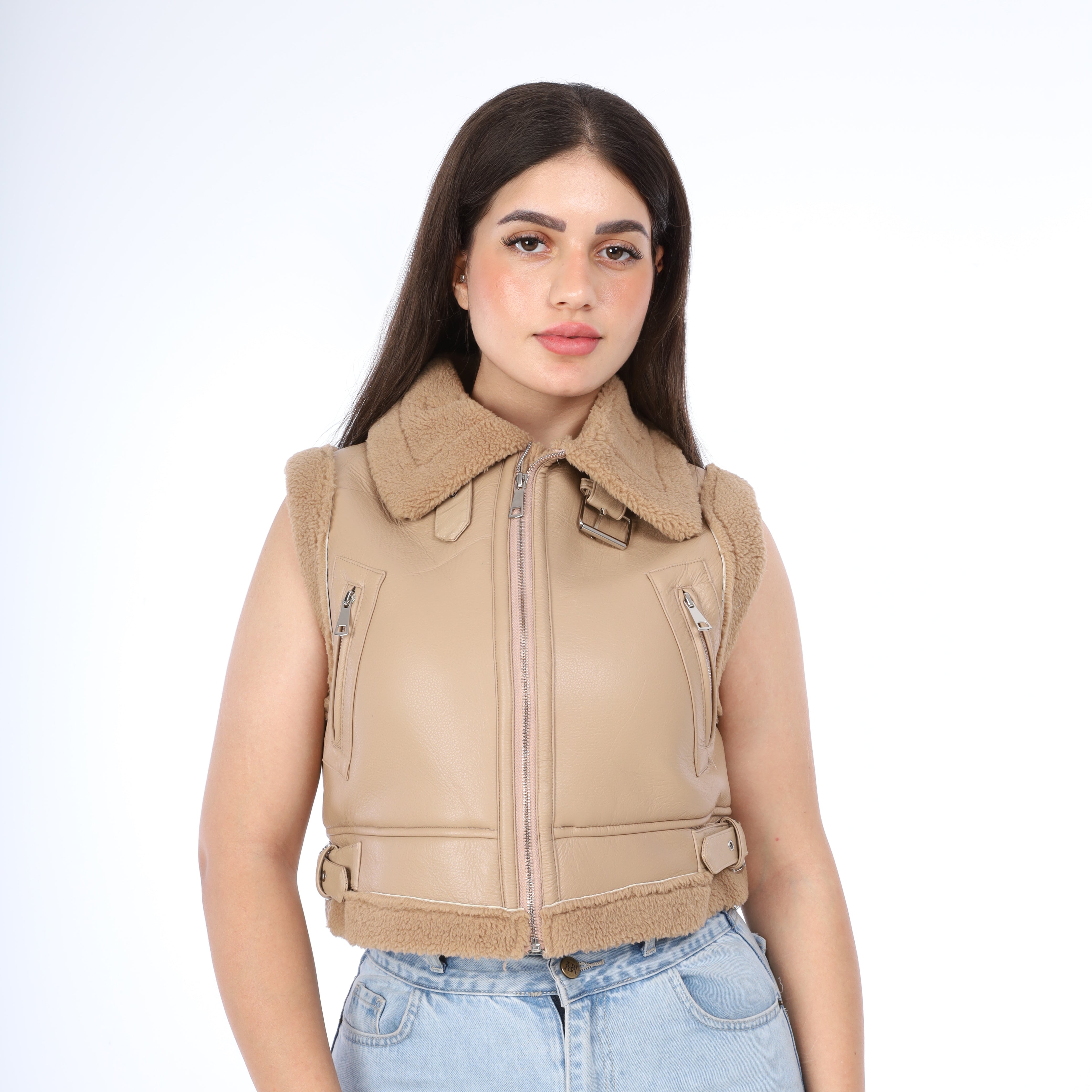 Faux Leather Shearling Vest w114740021