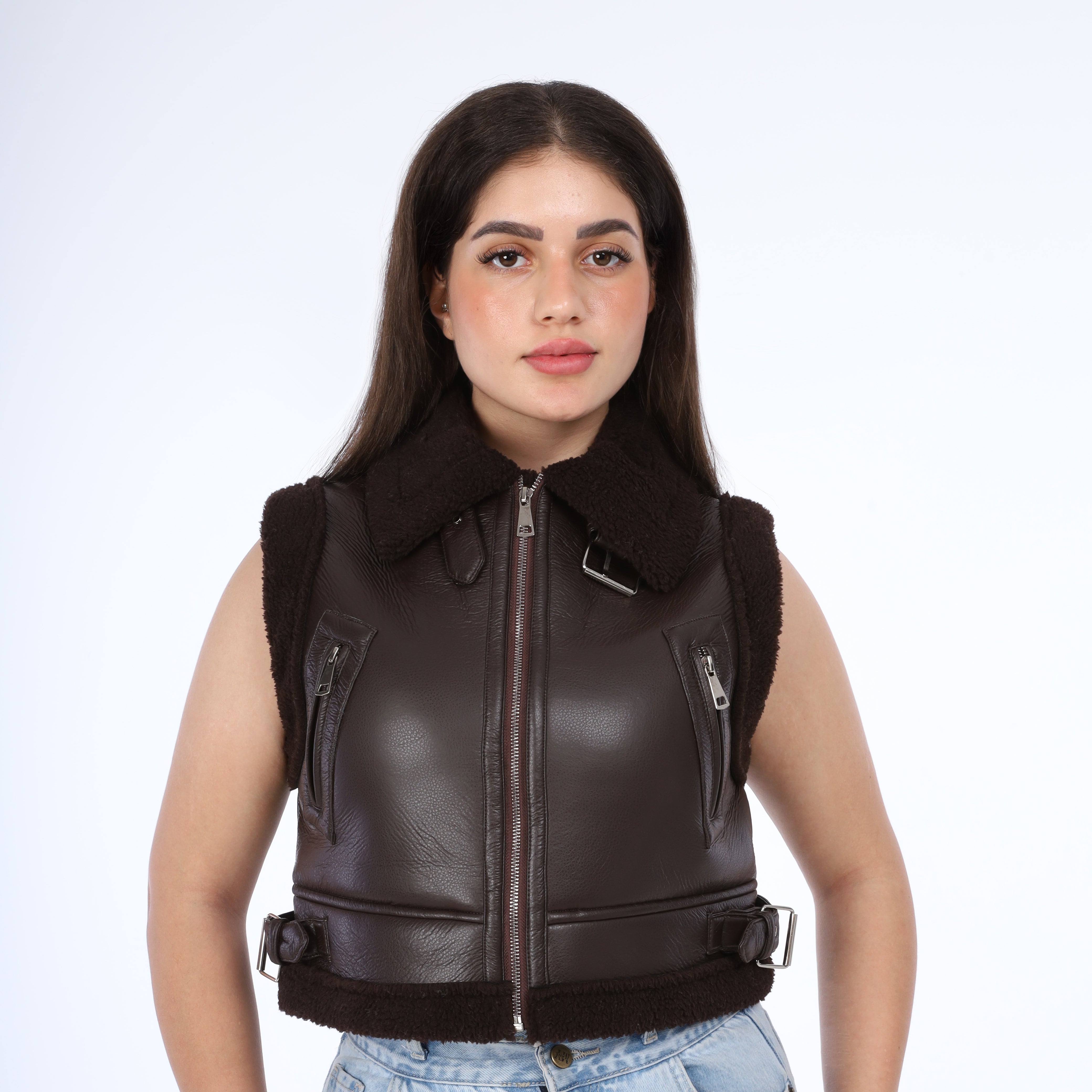 Faux Leather Shearling Vest w114740021