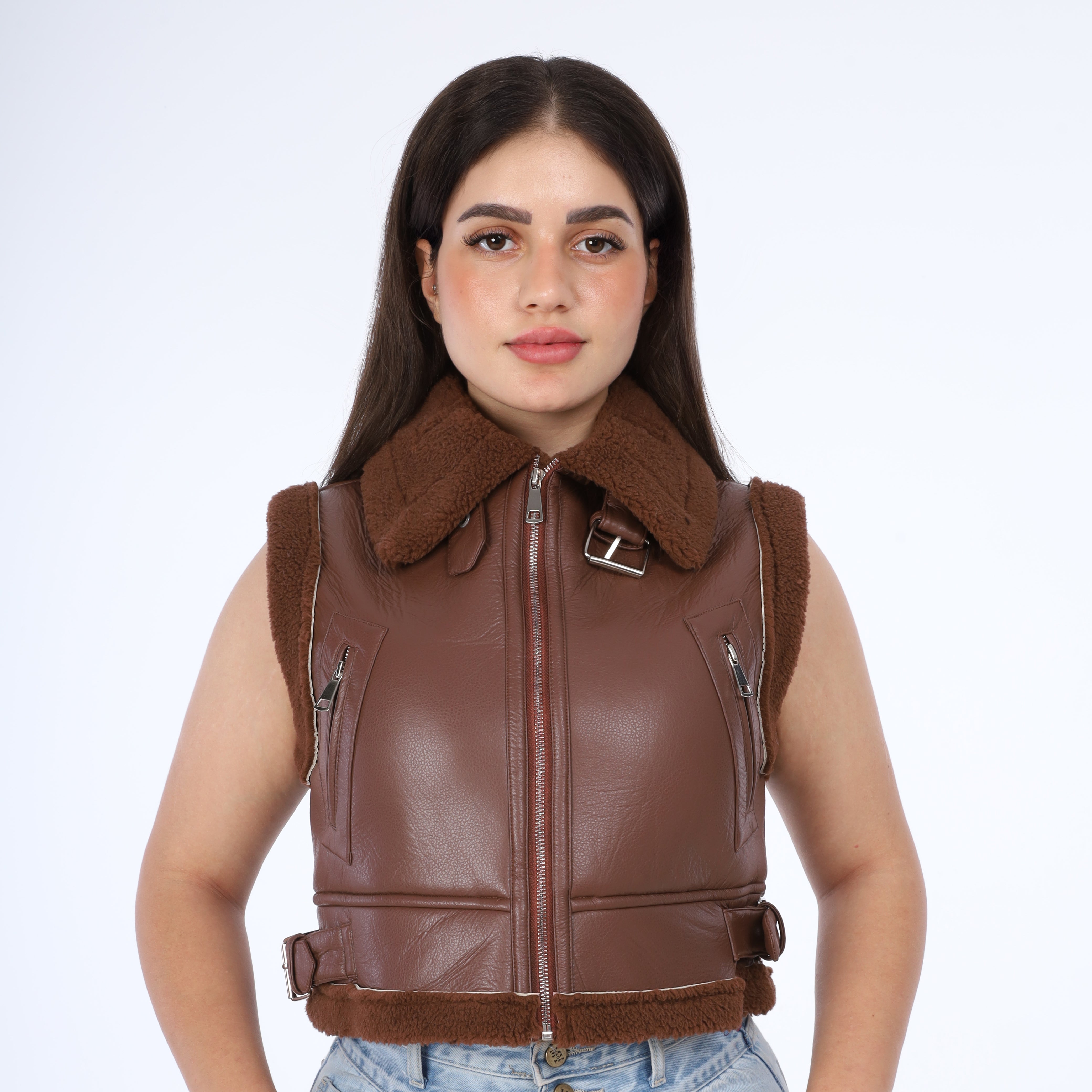 Faux Leather Shearling Vest w114740021