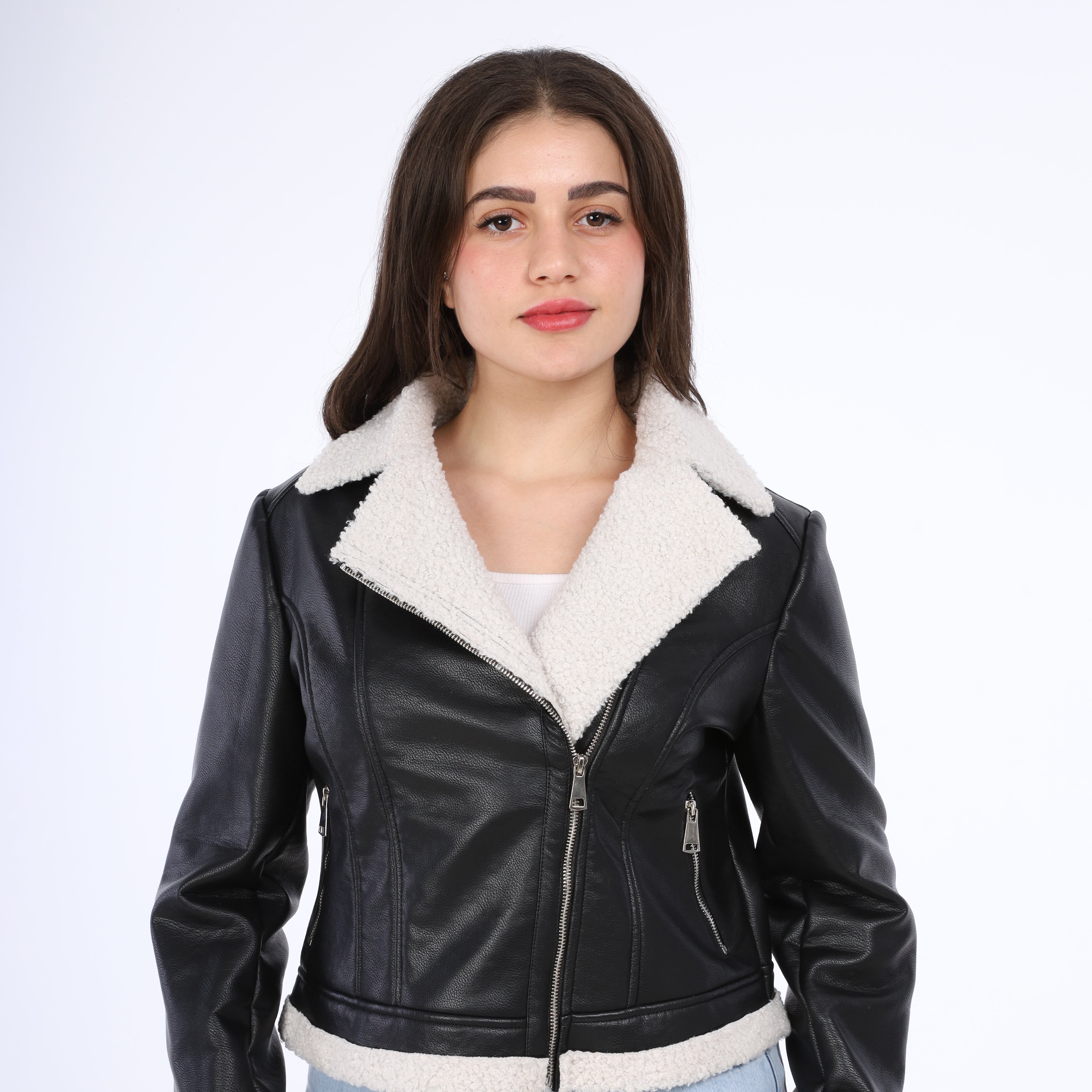 Faux Fur & Leather Zipped Jacket w114740054