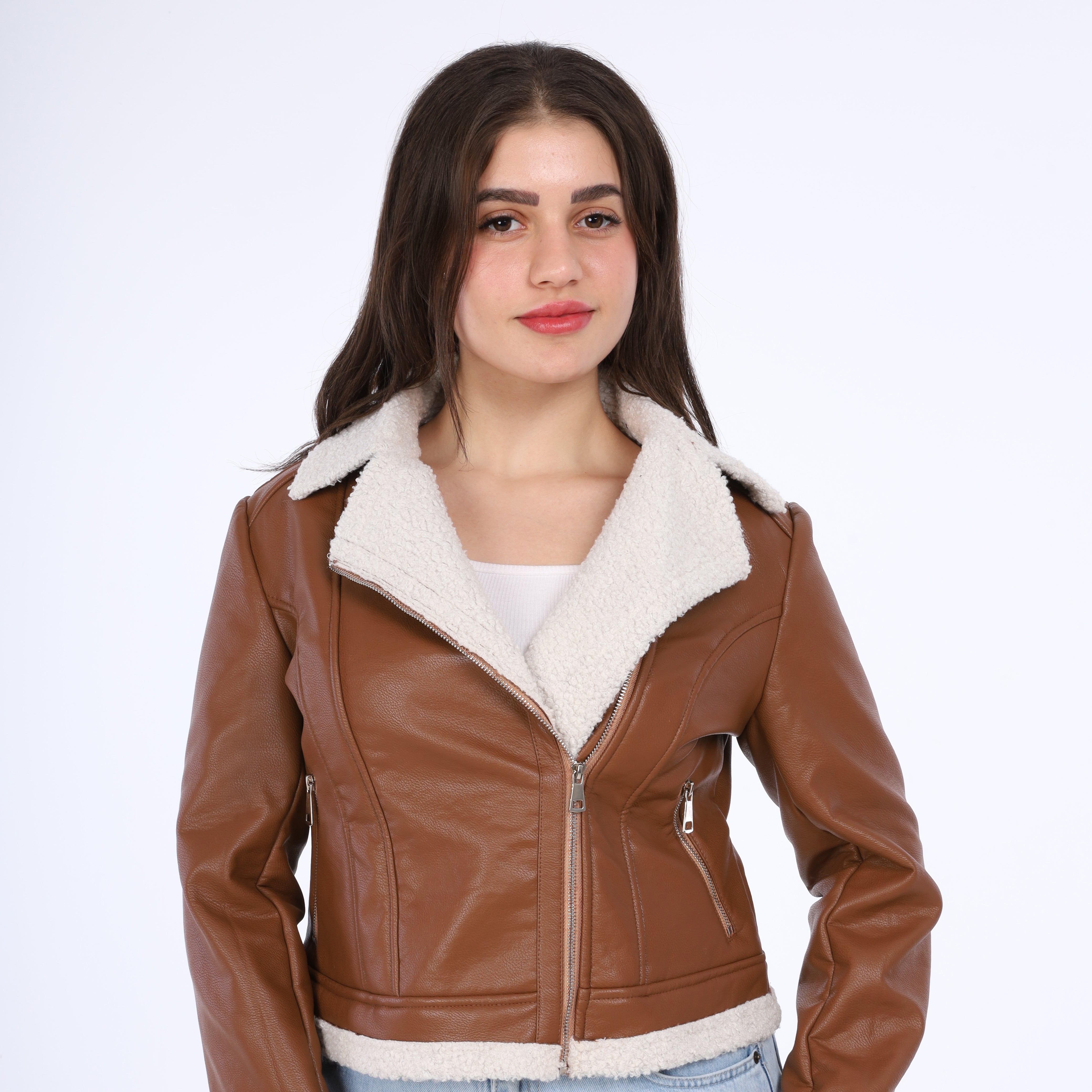 Faux Fur & Leather Zipped Jacket w114740054