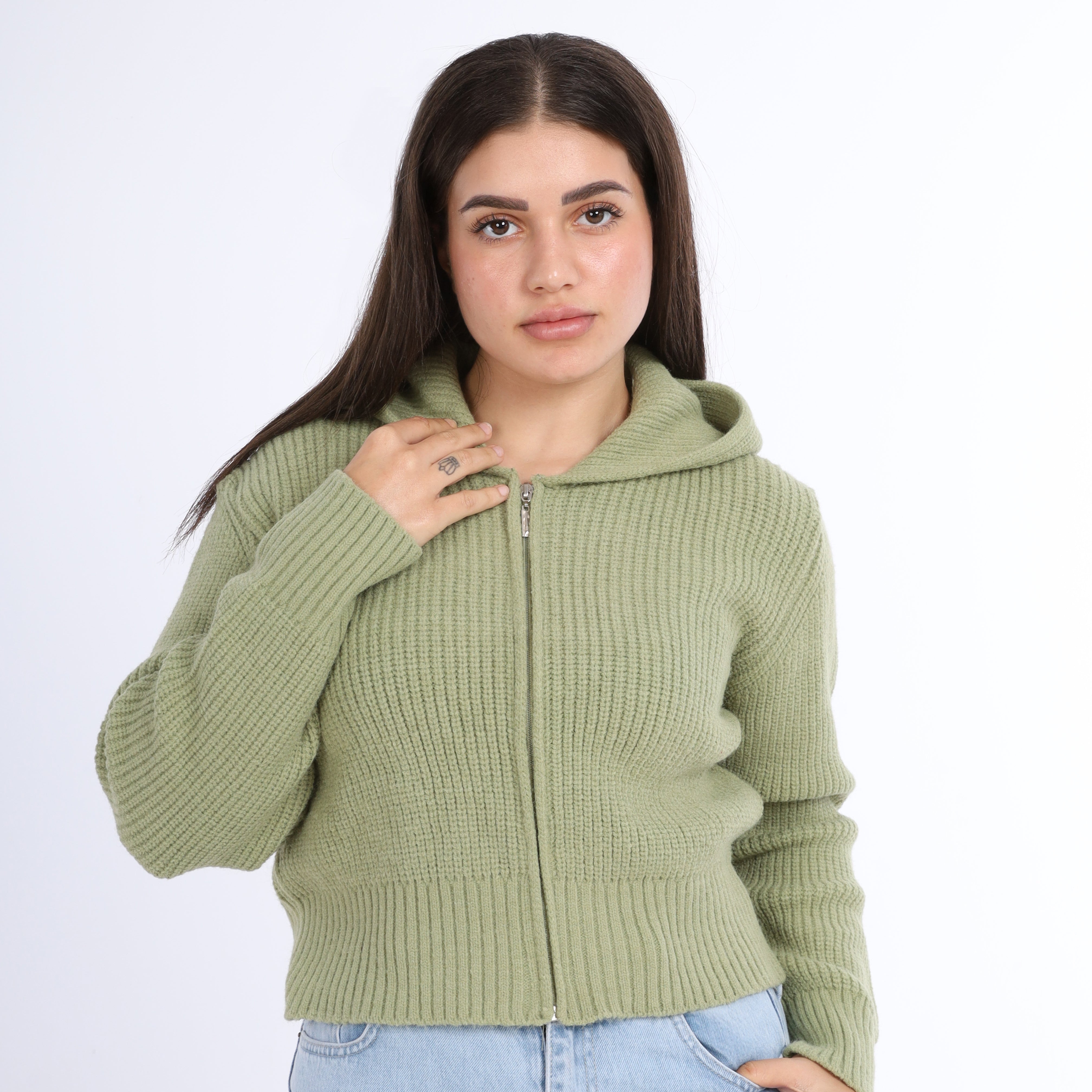 Cropped Knit Zip-Up Hoodie w16252610