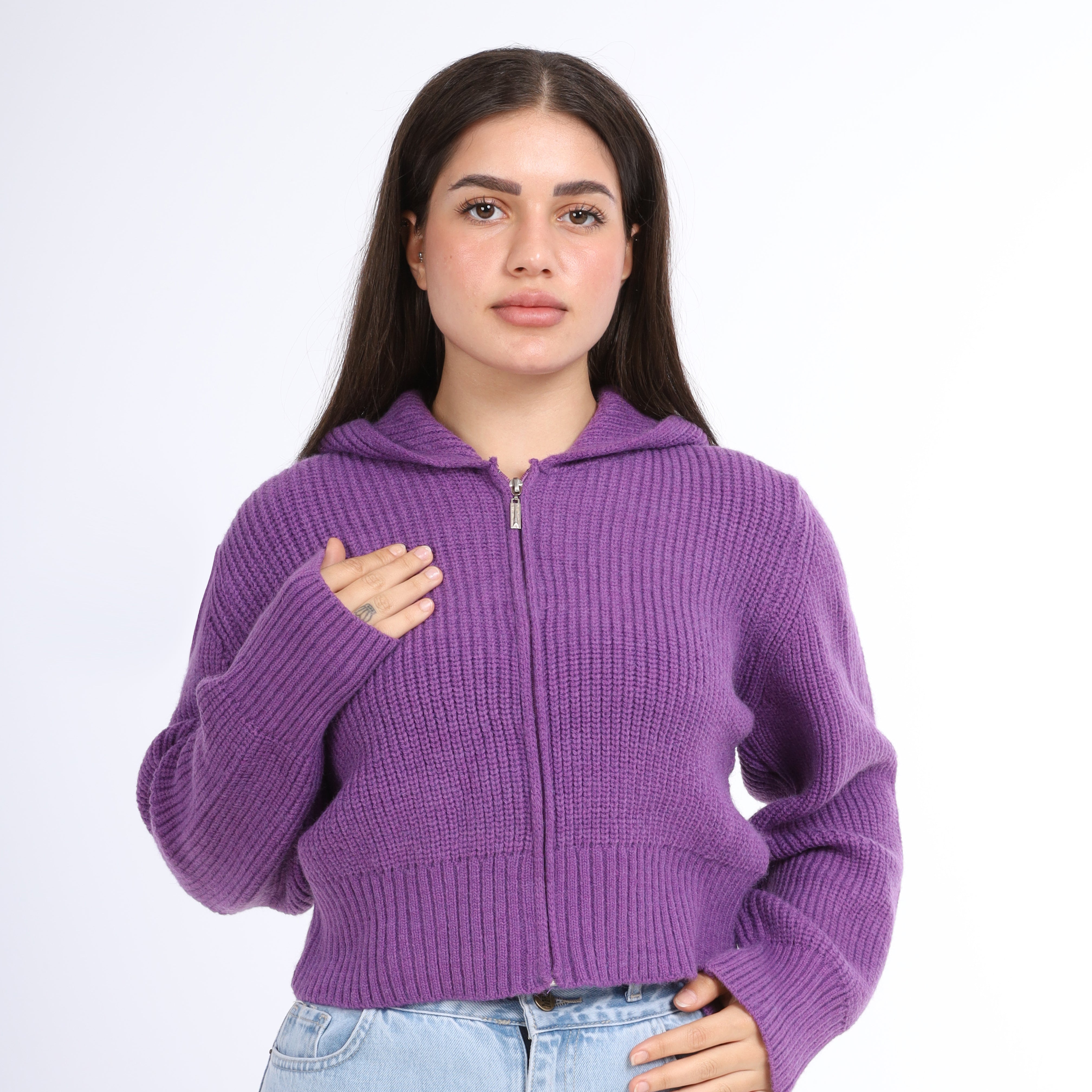 Cropped Knit Zip-Up Hoodie w16252610