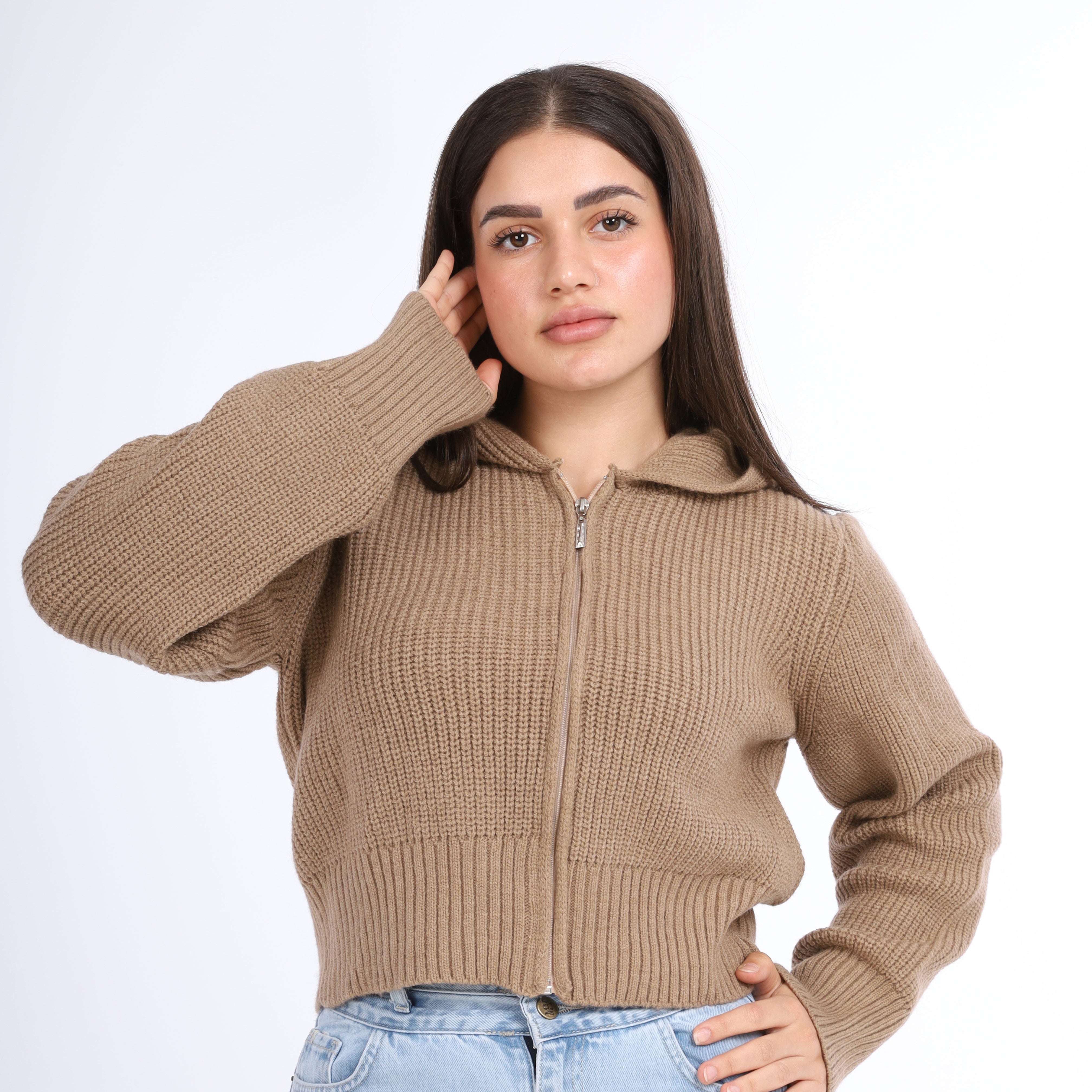 Cropped Knit Zip-Up Hoodie w16252610