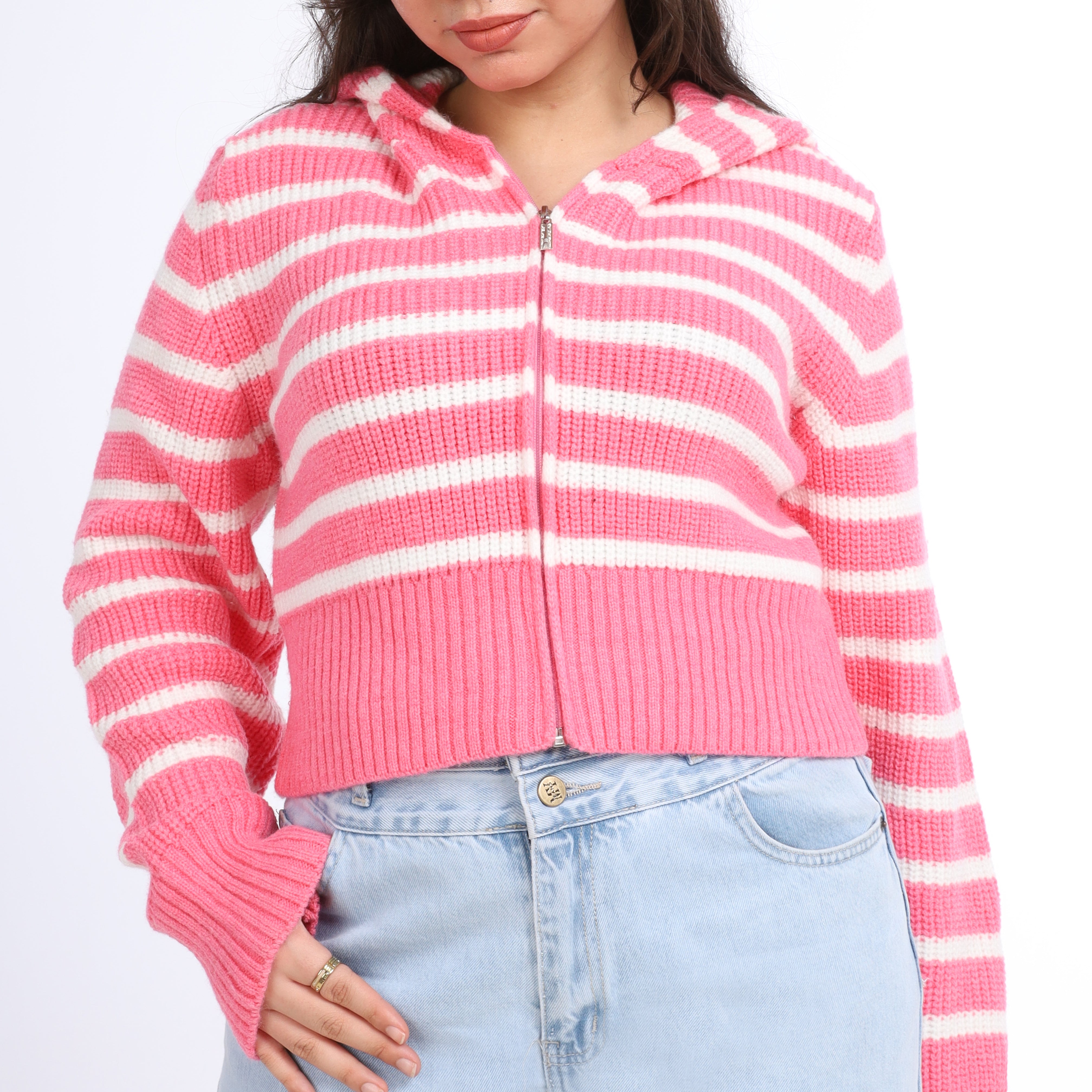 Striped Cropped Knit Hoodie w16252611
