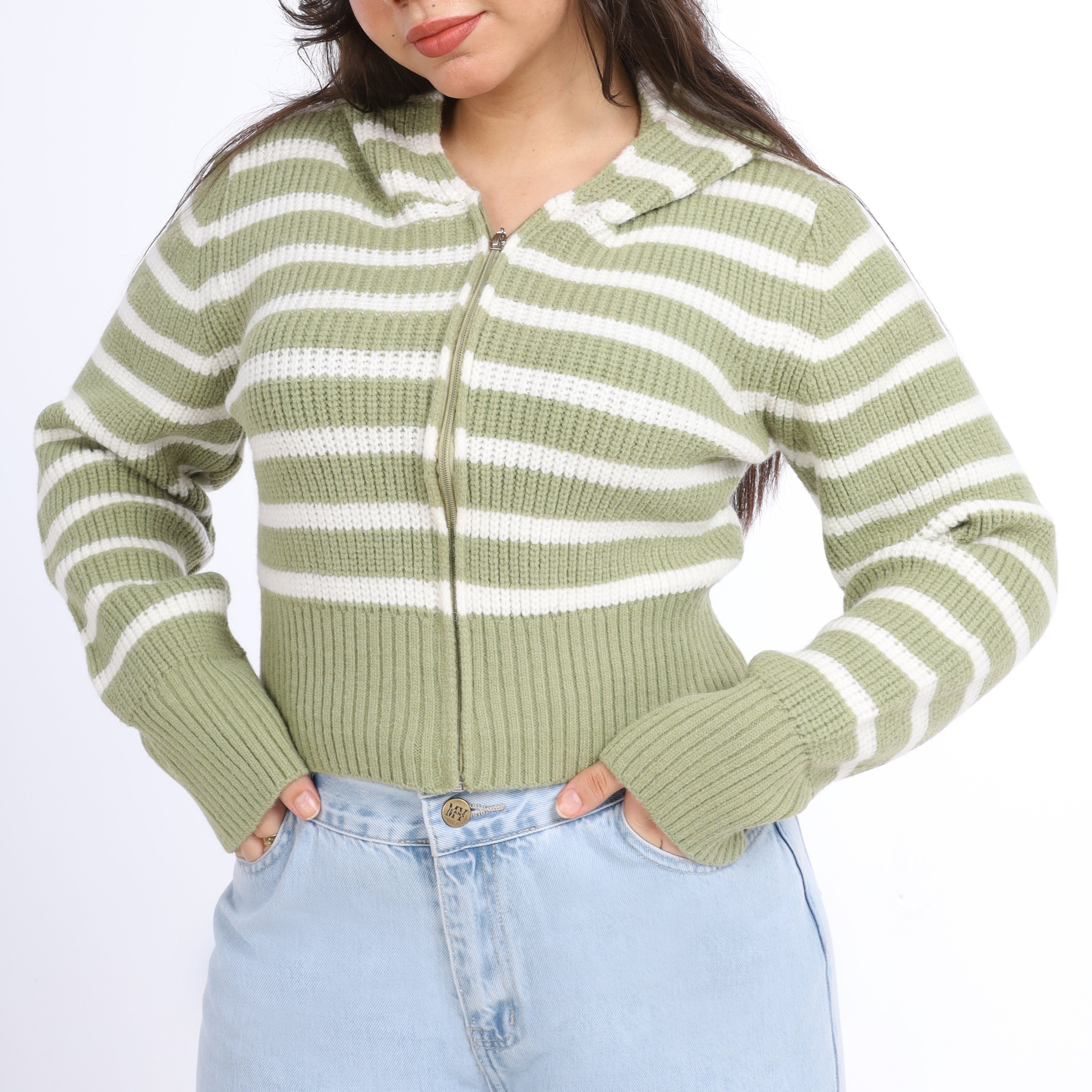 Striped Cropped Knit Hoodie w16252611