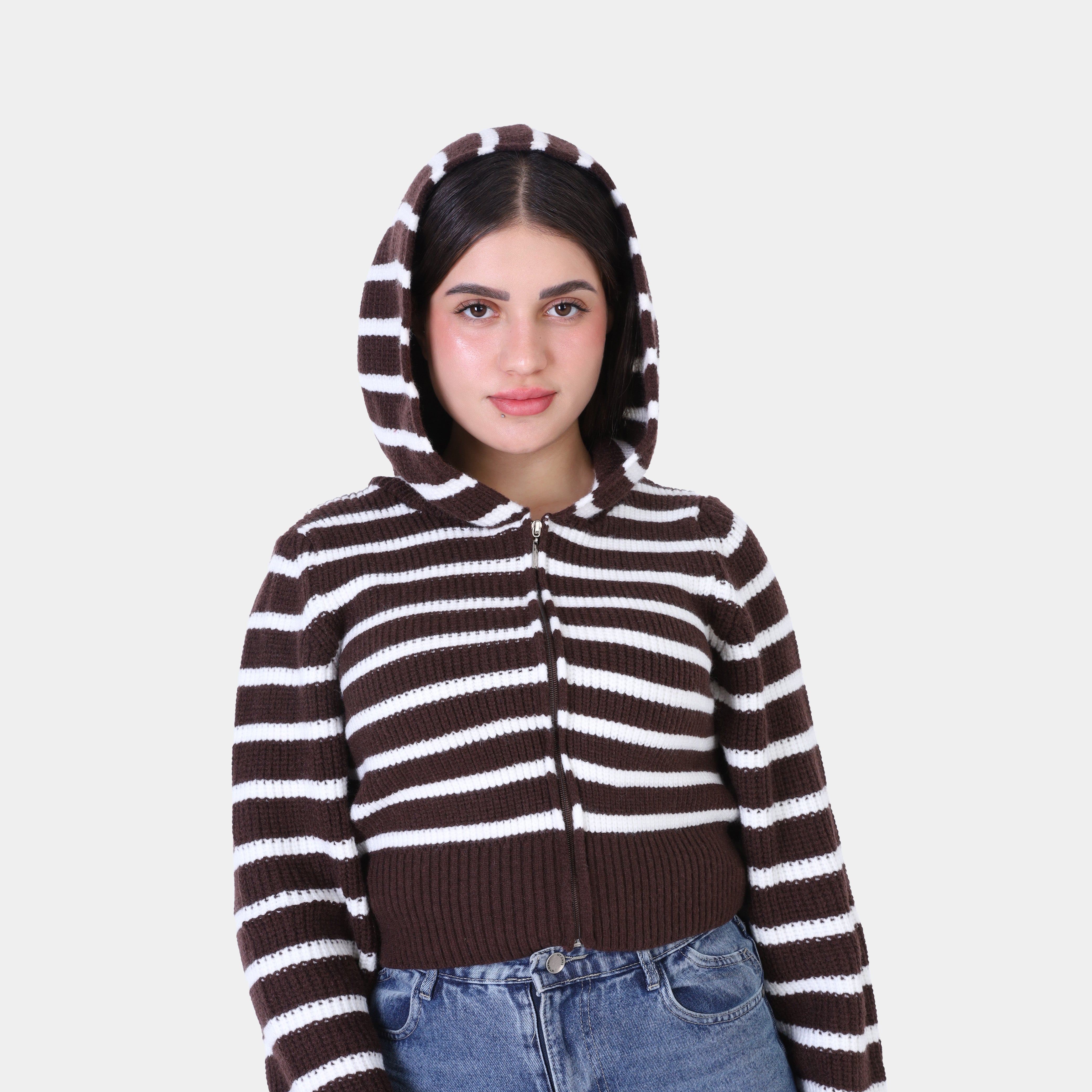 Striped Cropped Knit Hoodie w16252611