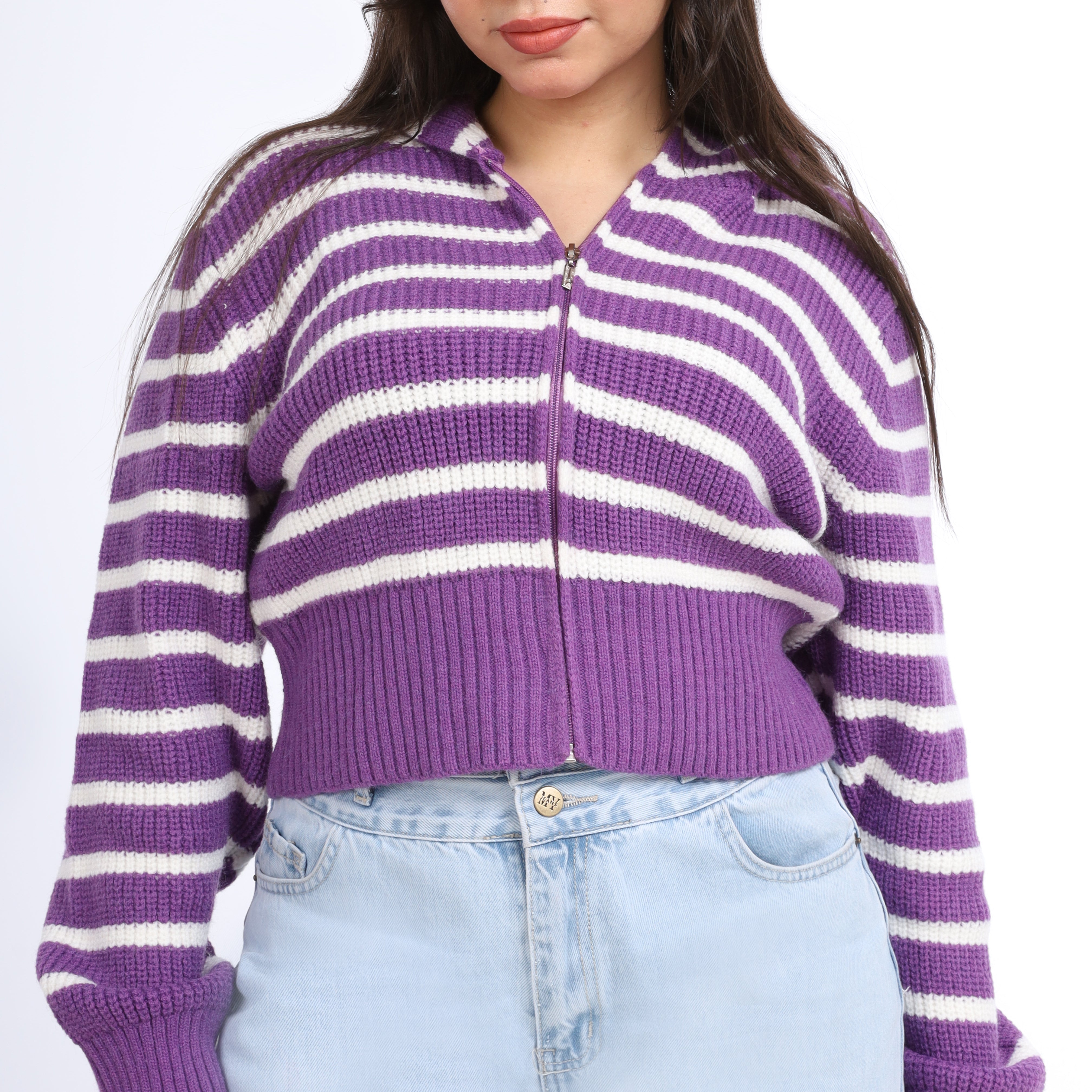 Striped Cropped Knit Hoodie w16252611