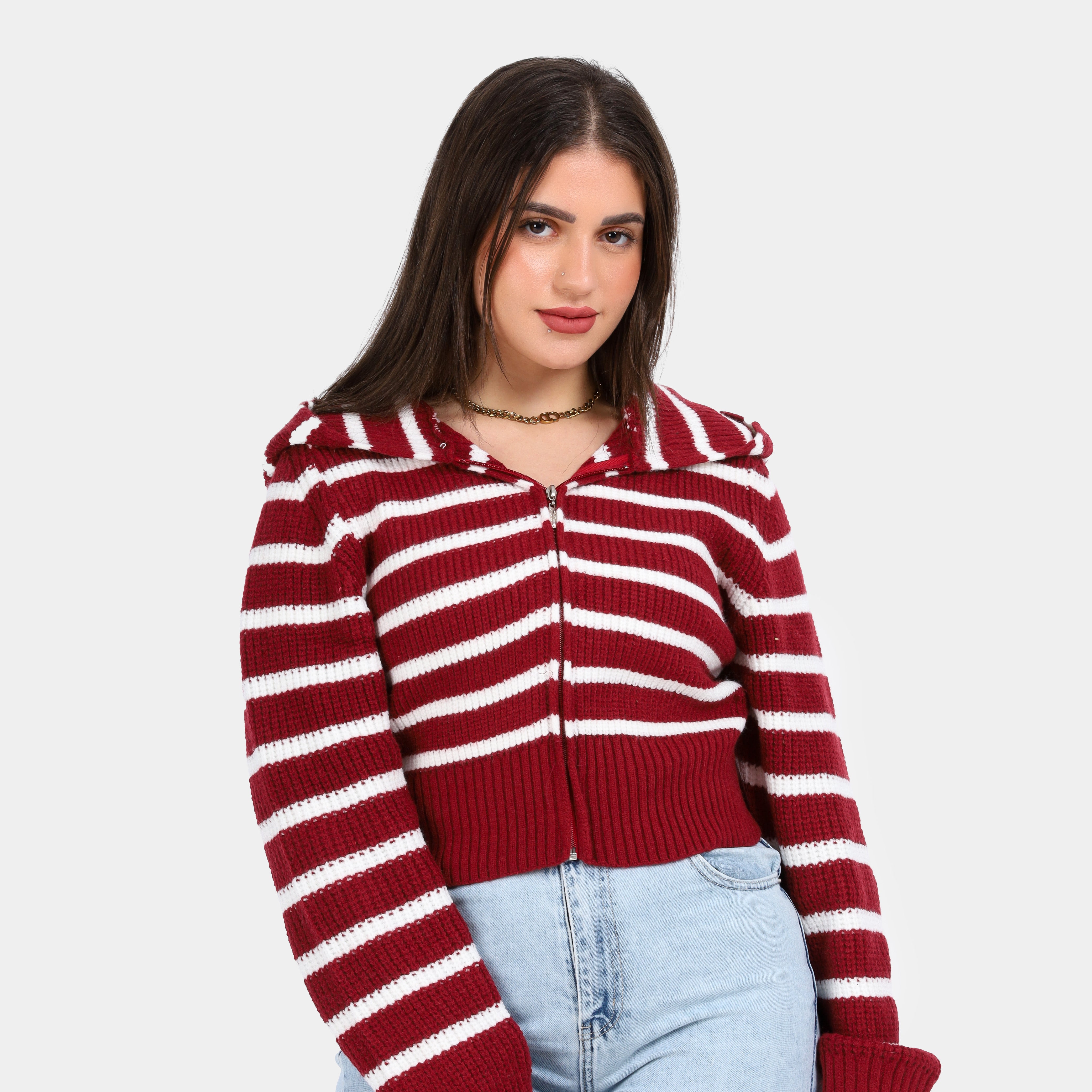 Striped Cropped Knit Hoodie w16252611