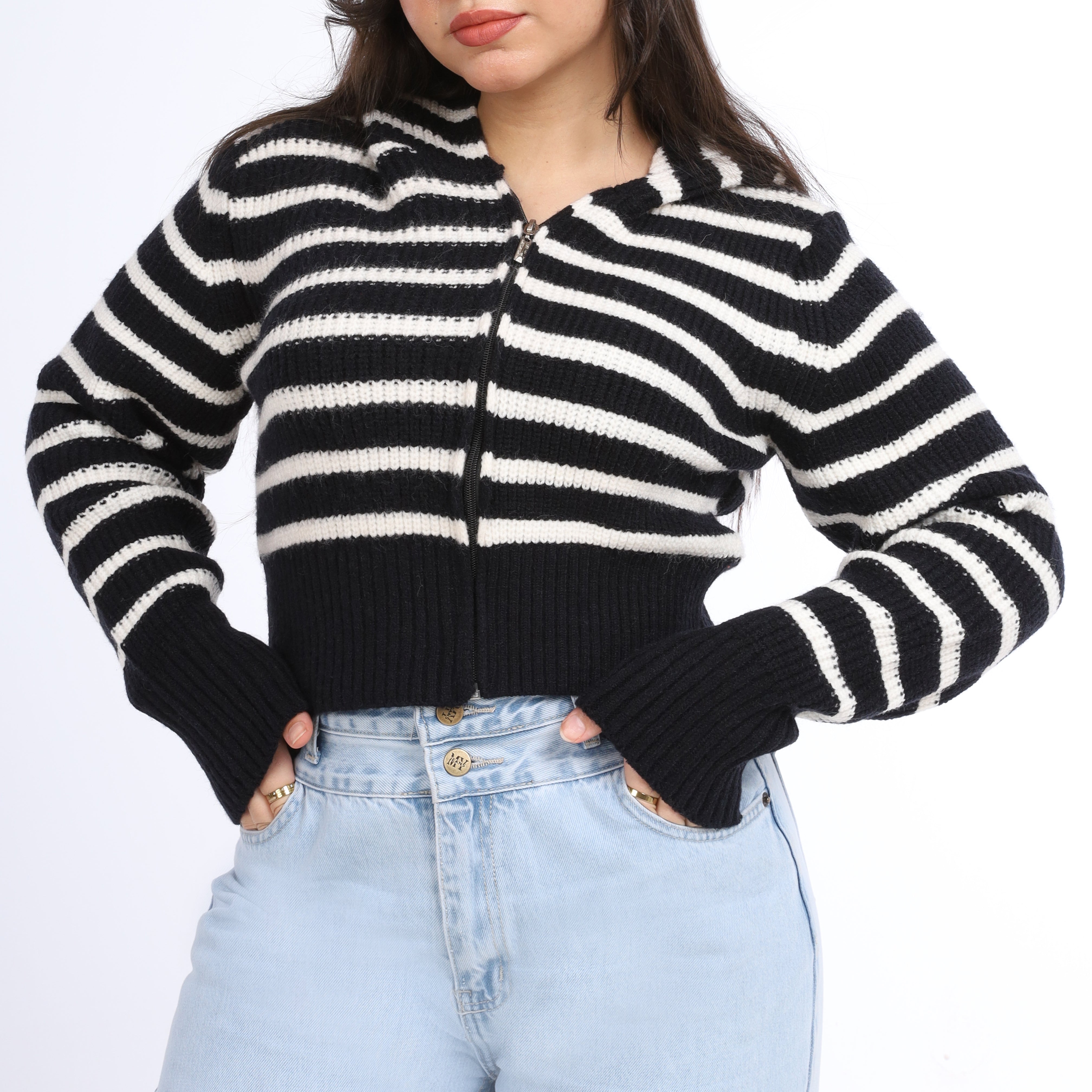 Striped Cropped Knit Hoodie w16252611