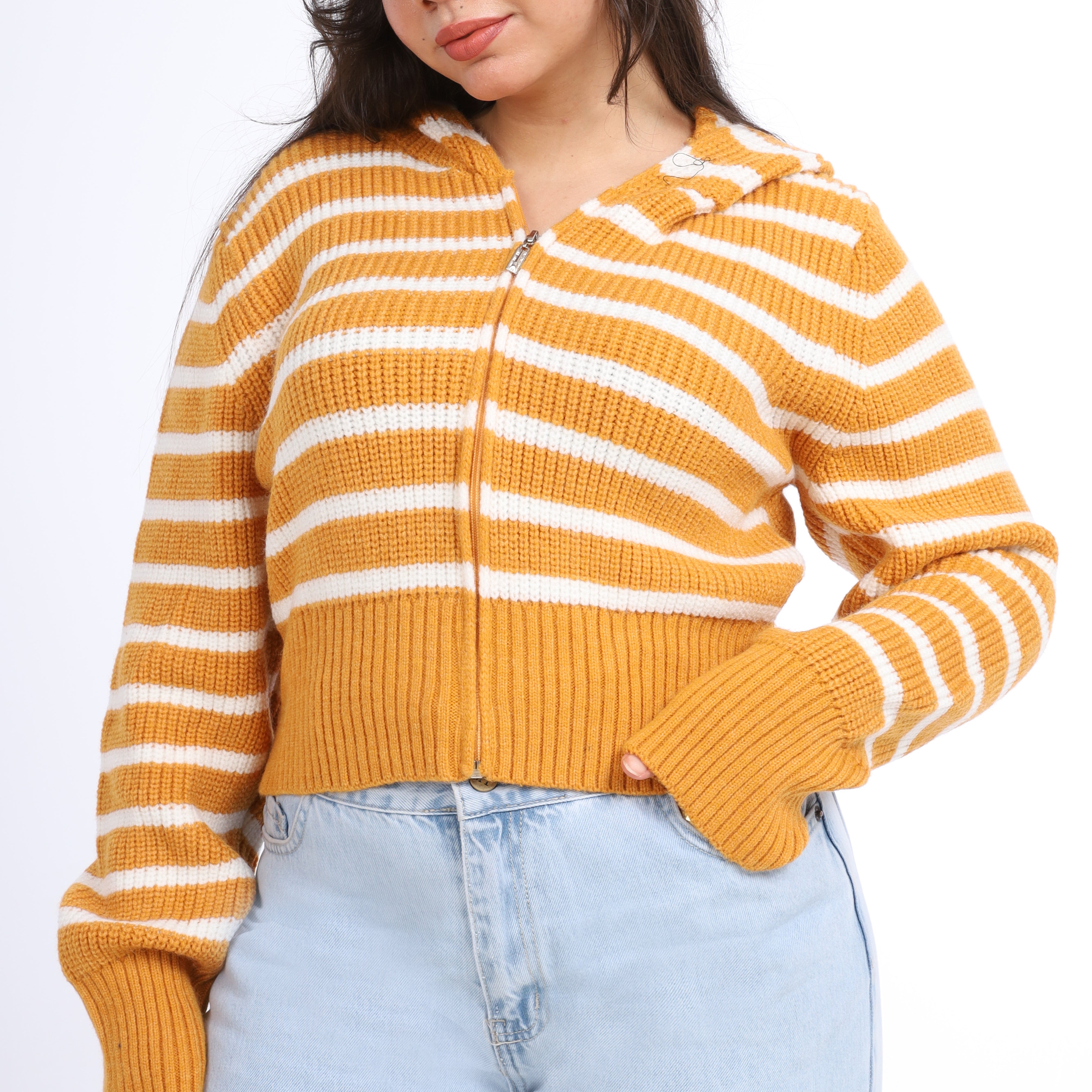 Striped Cropped Knit Hoodie w16252611