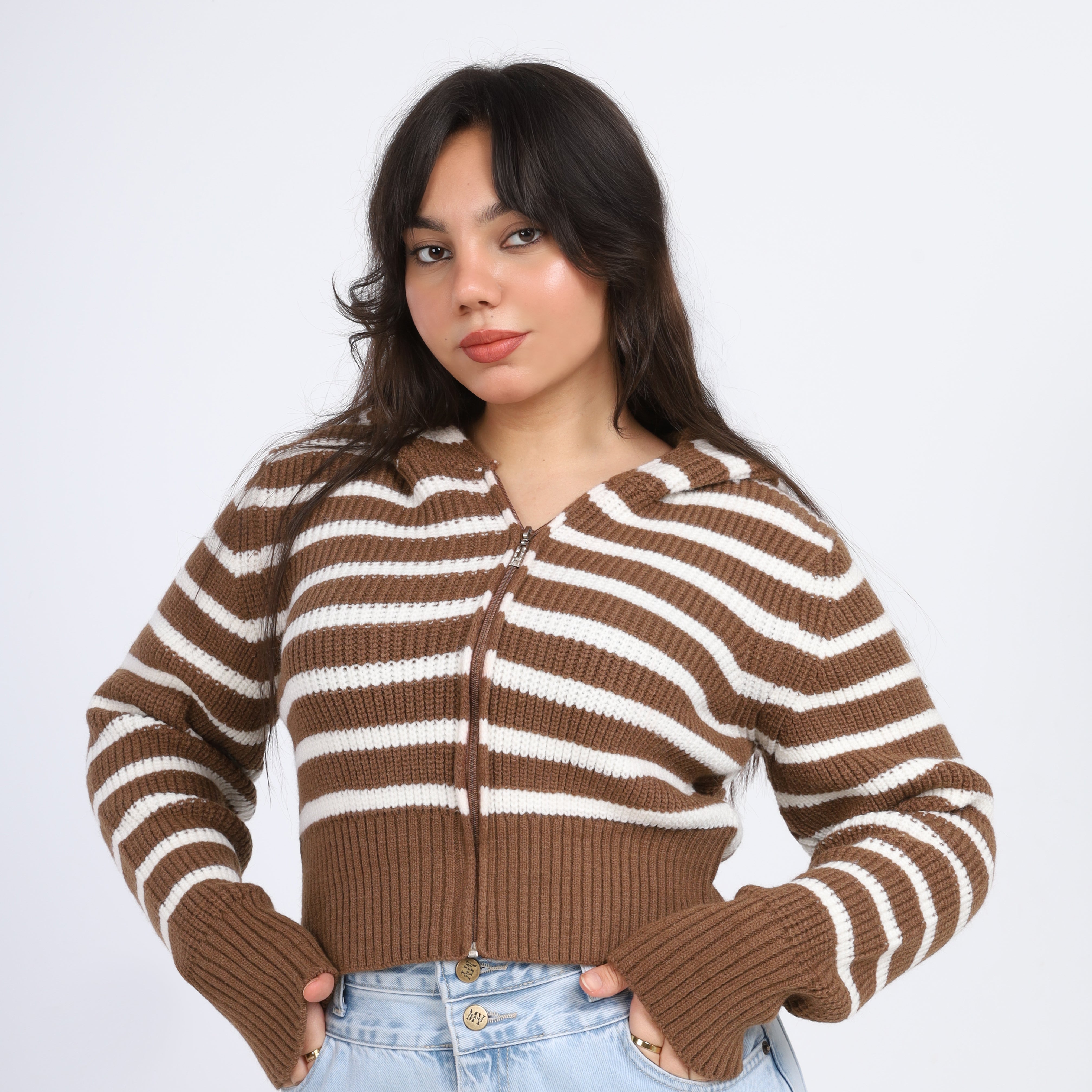 Striped Cropped Knit Hoodie w16252611