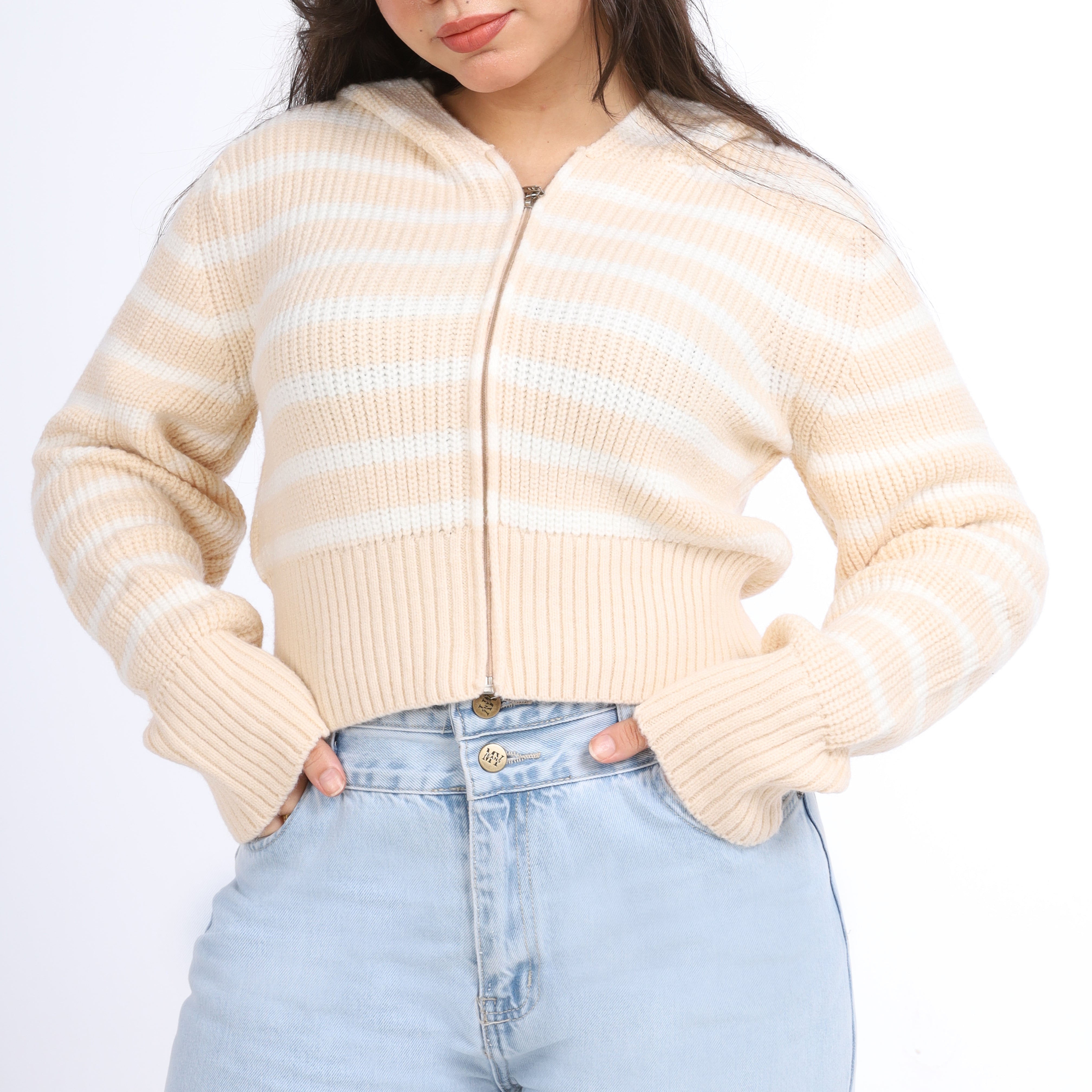 Striped Cropped Knit Hoodie w16252611