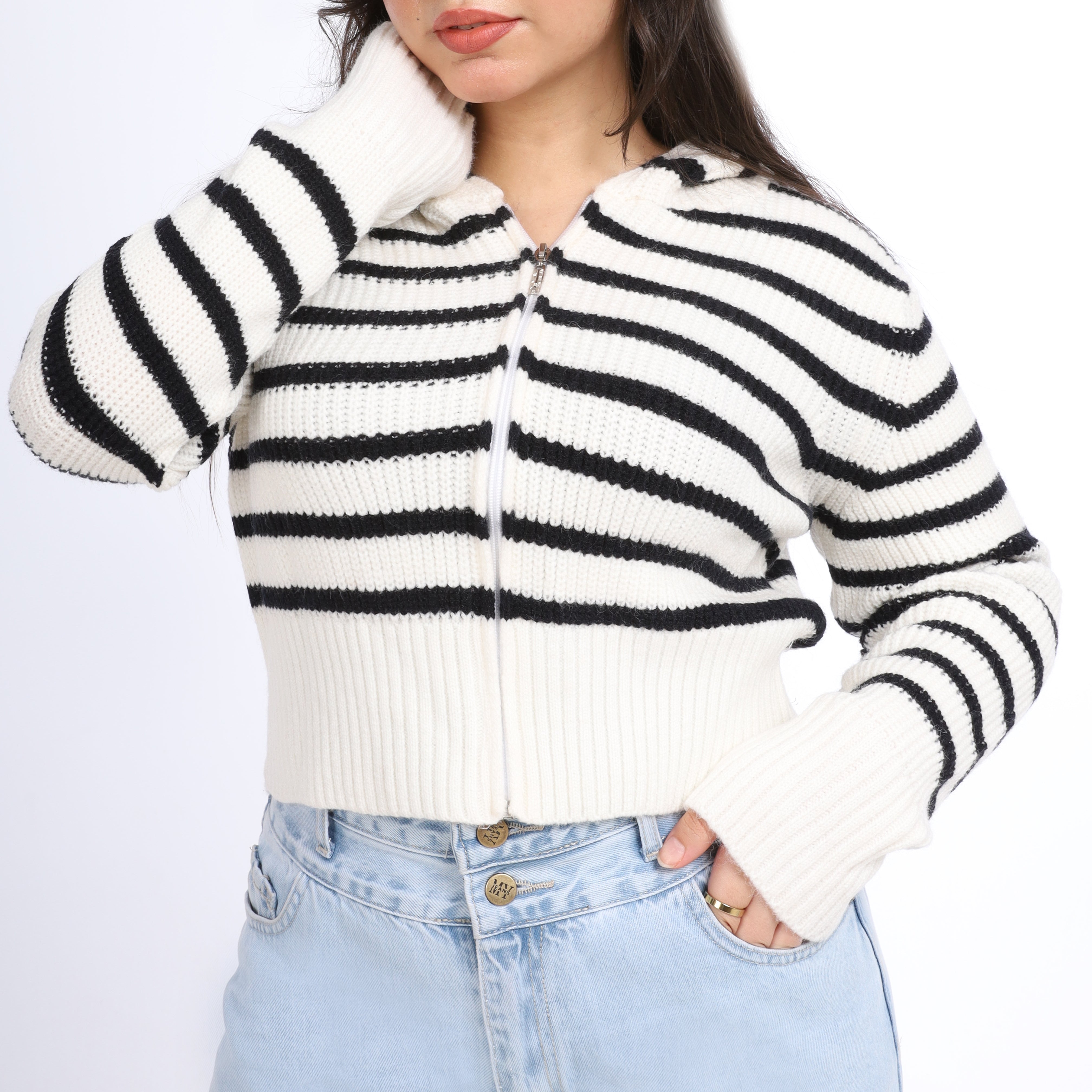 Striped Cropped Knit Hoodie w16252611