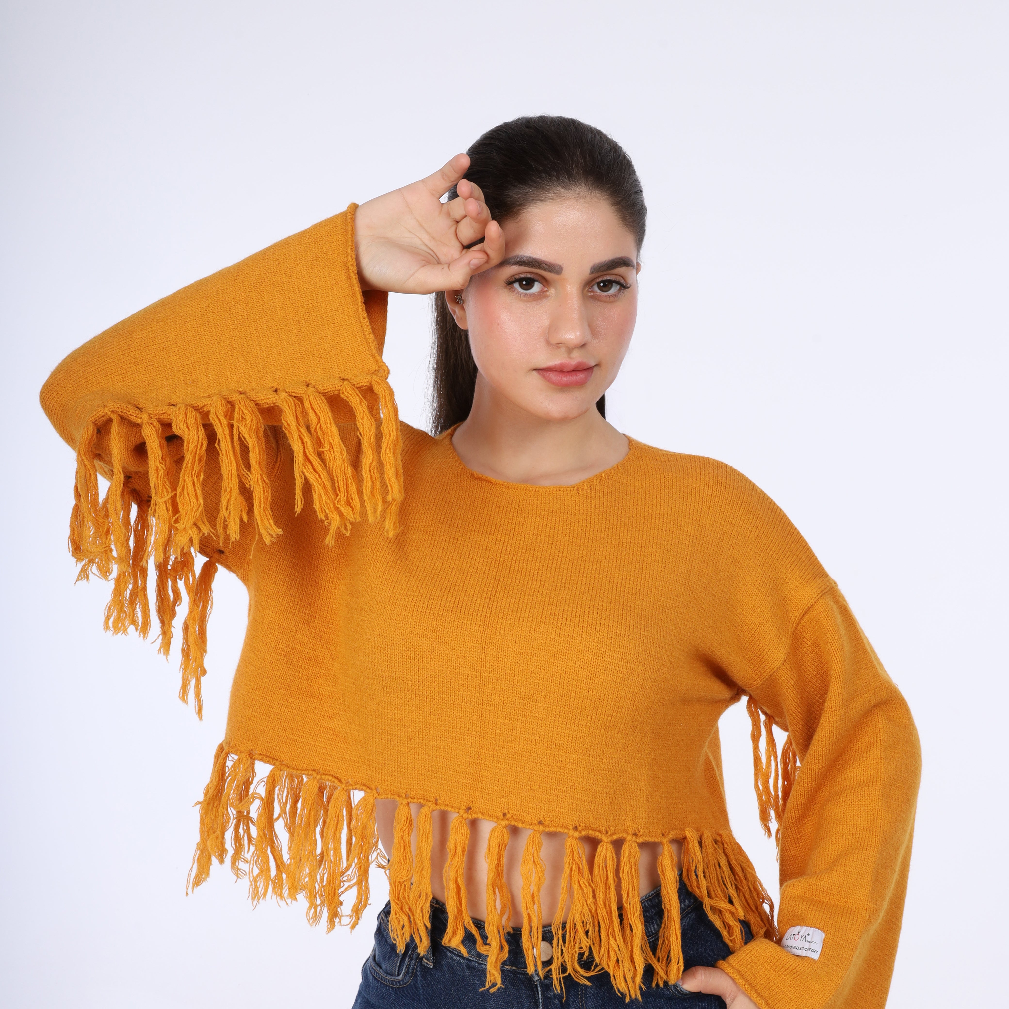 Fringe Hem Cropped Knit Pullover w16252670