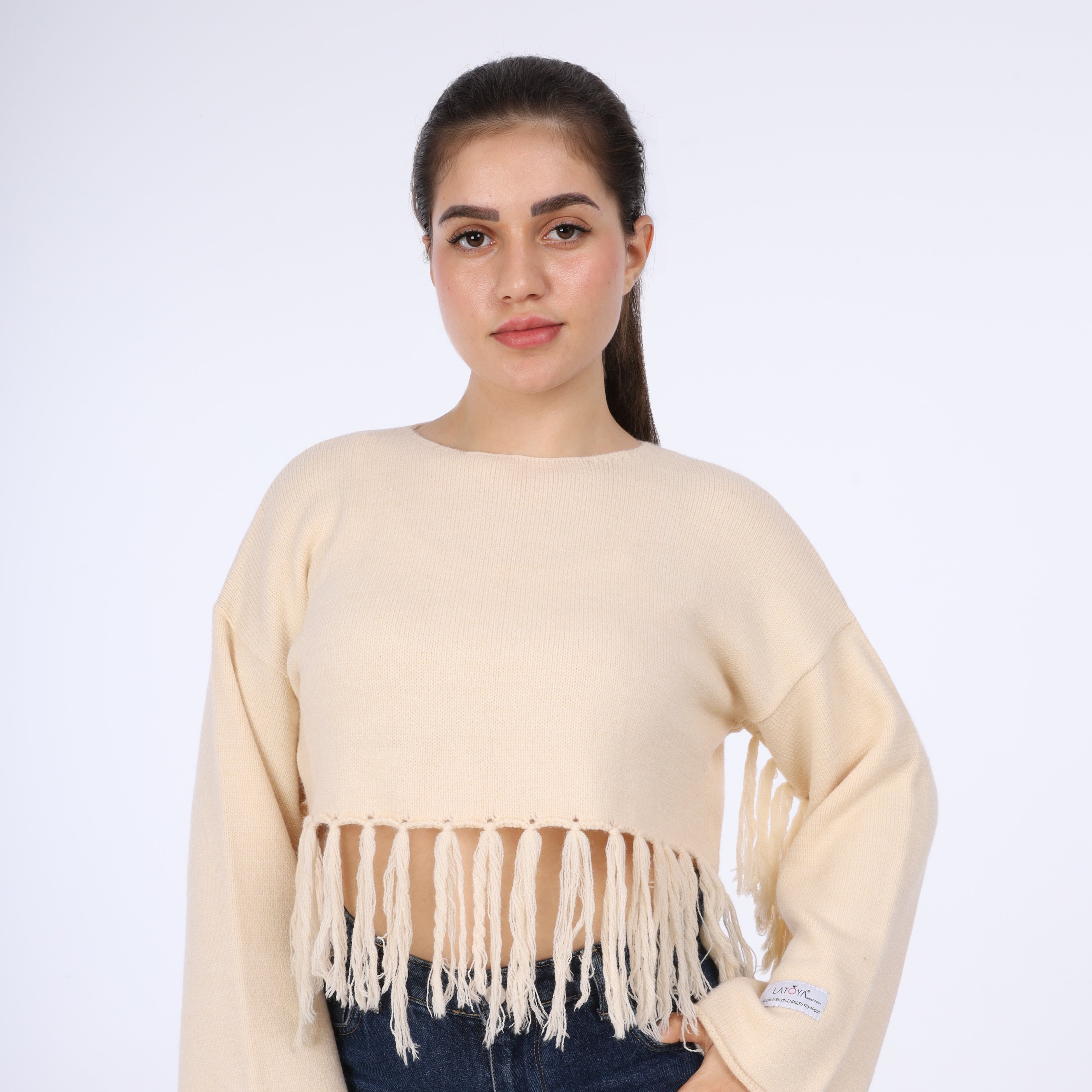 Fringe Hem Cropped Knit Pullover w16252670