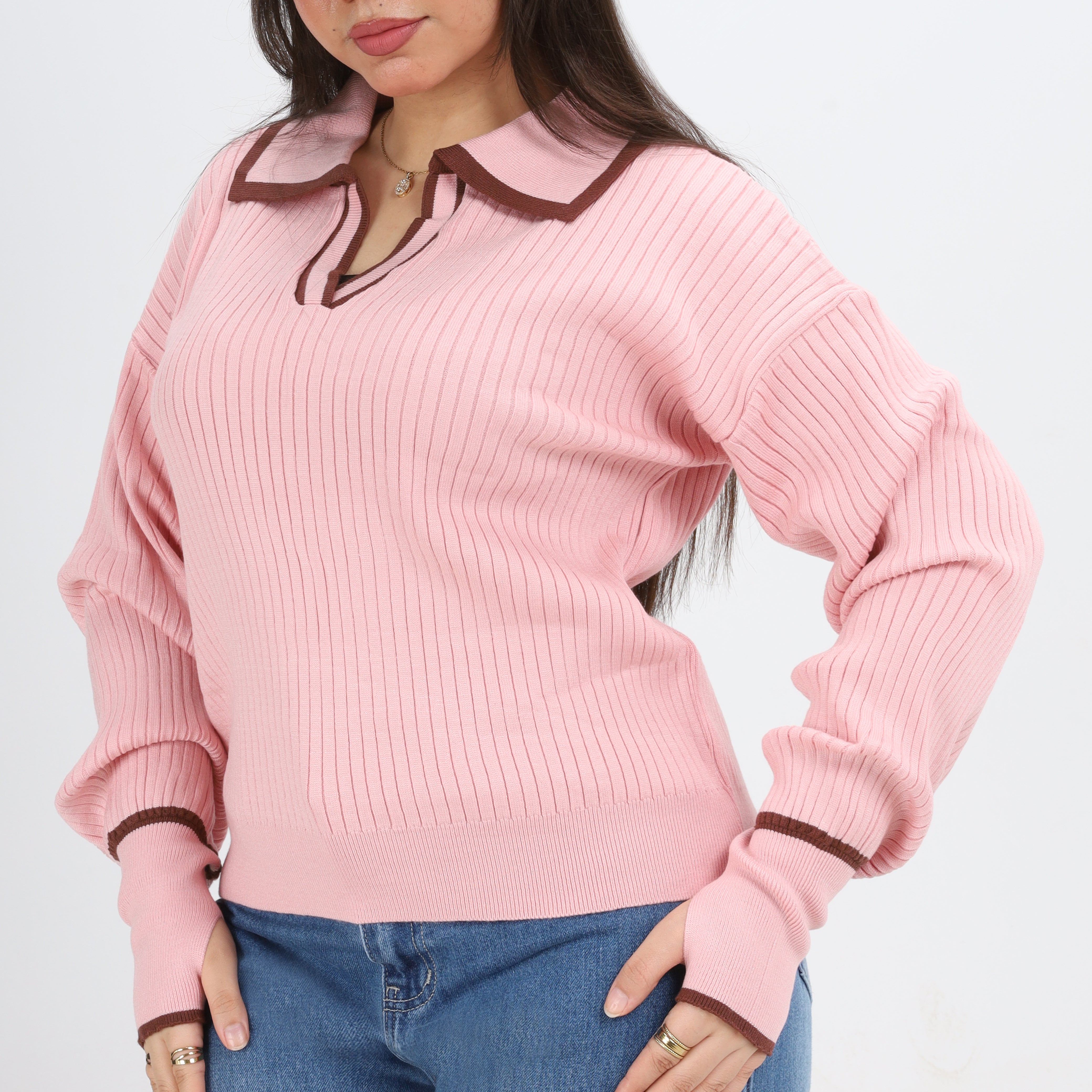 Contrast Collar Ribbed Pullover w16252711