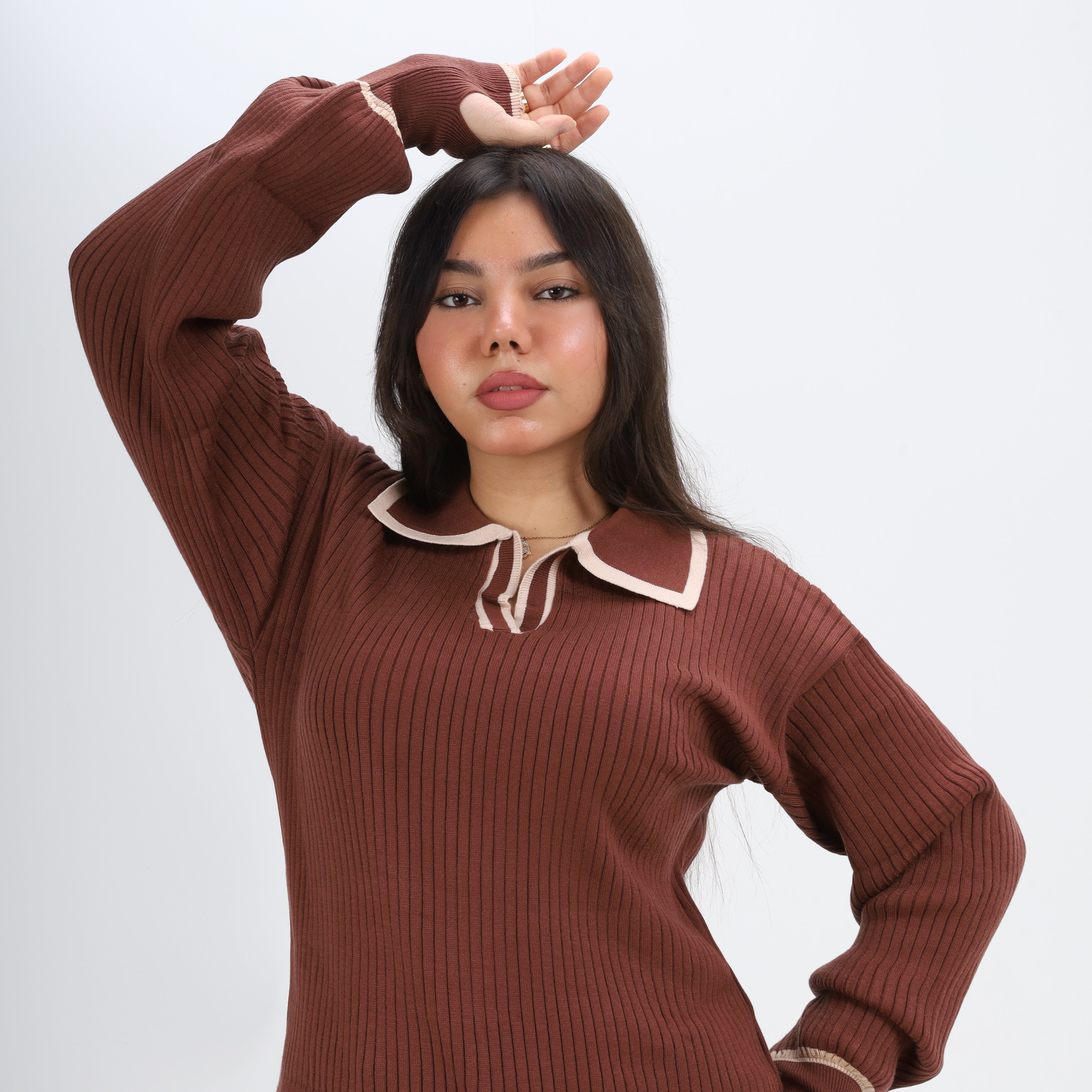 Contrast Collar Ribbed Pullover w16252711