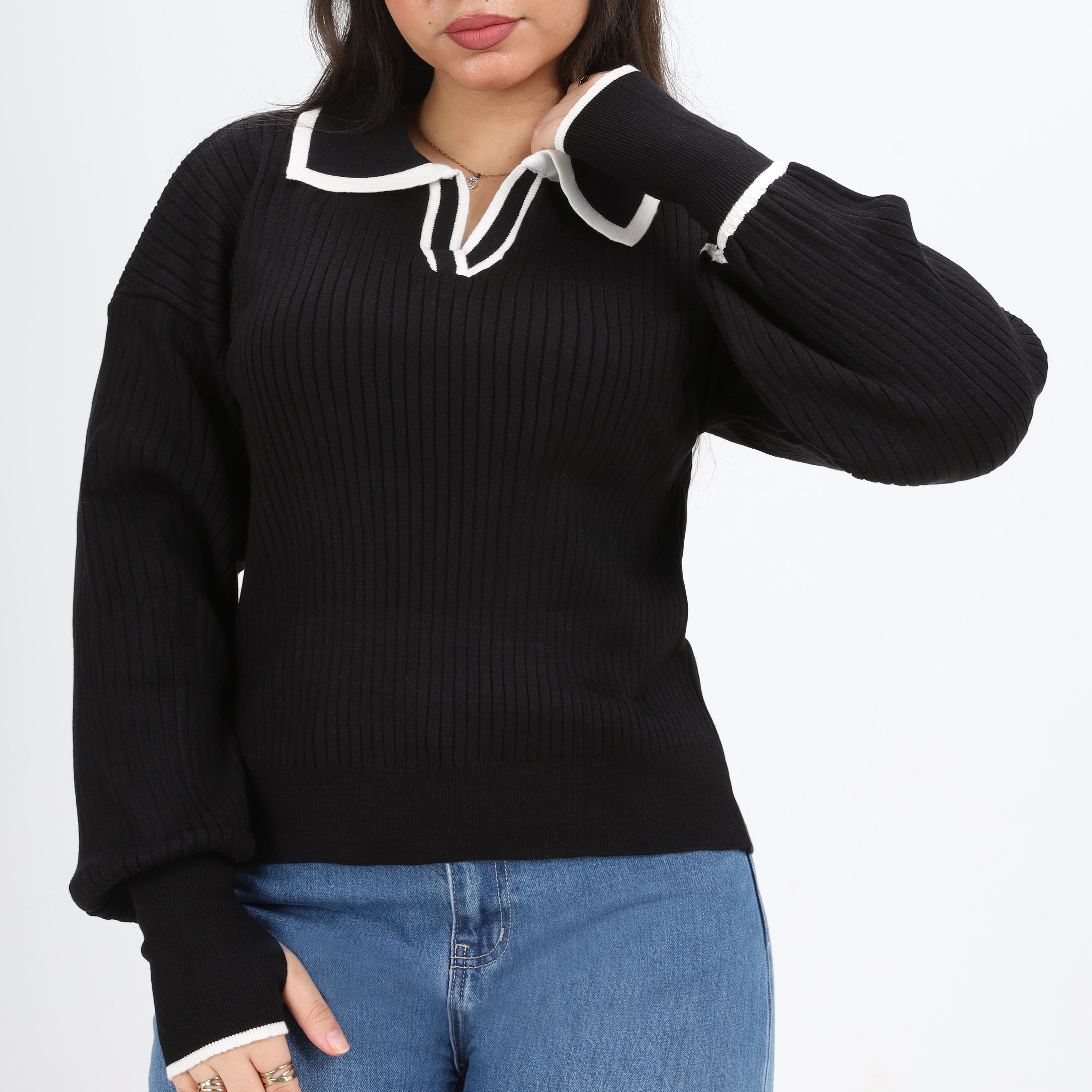 Contrast Collar Ribbed Pullover w16252711