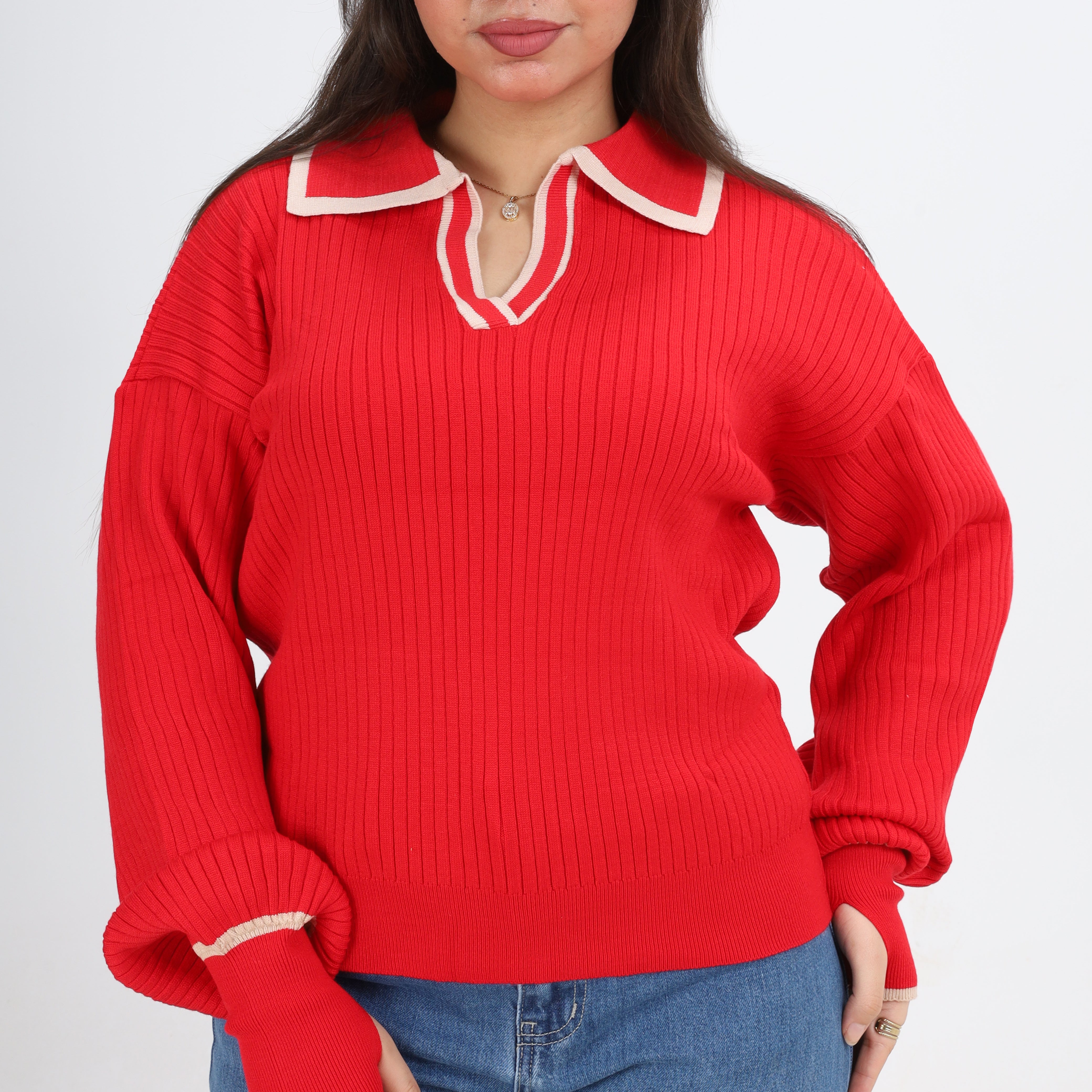 Contrast Collar Ribbed Pullover w16252711