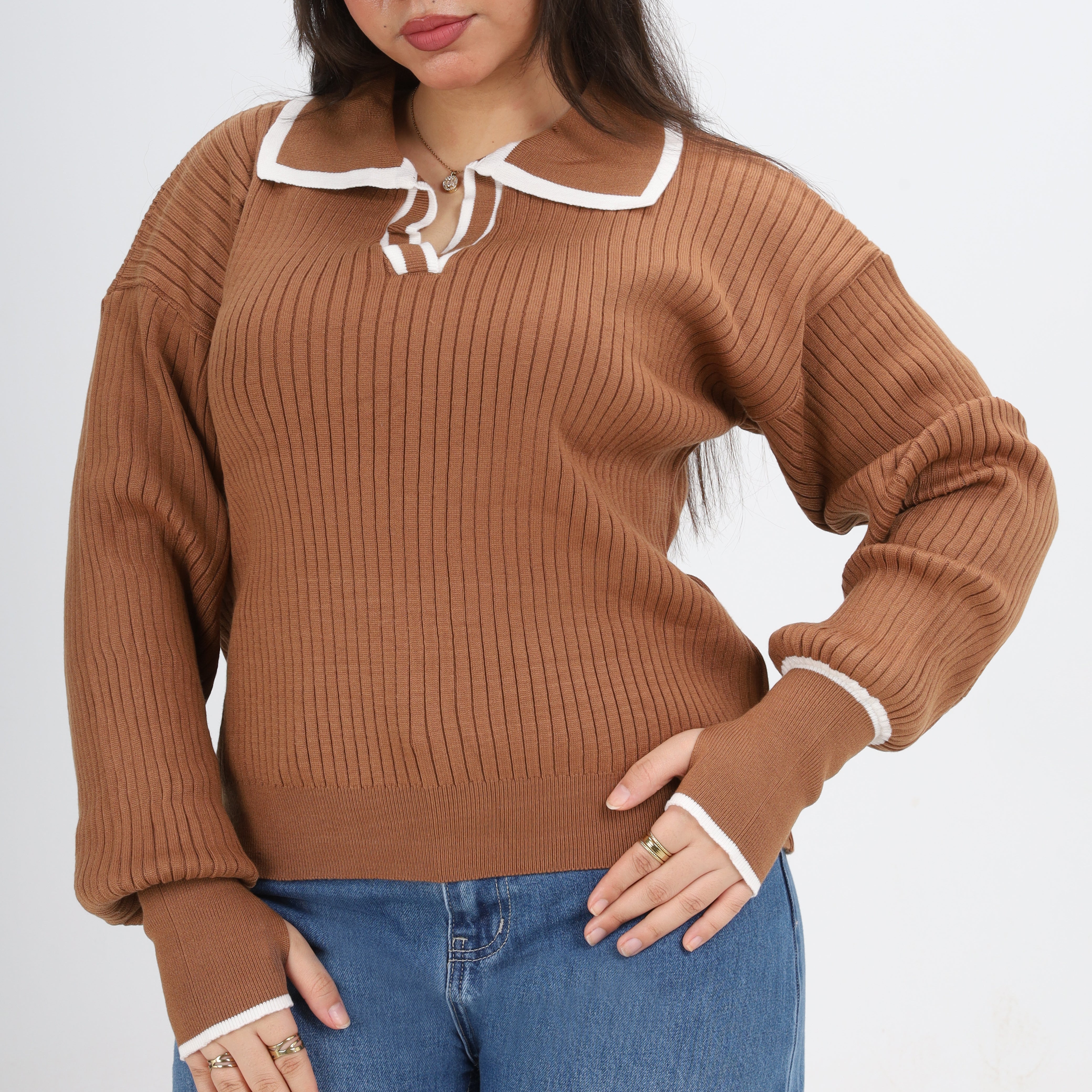 Contrast Collar Ribbed Pullover w16252711
