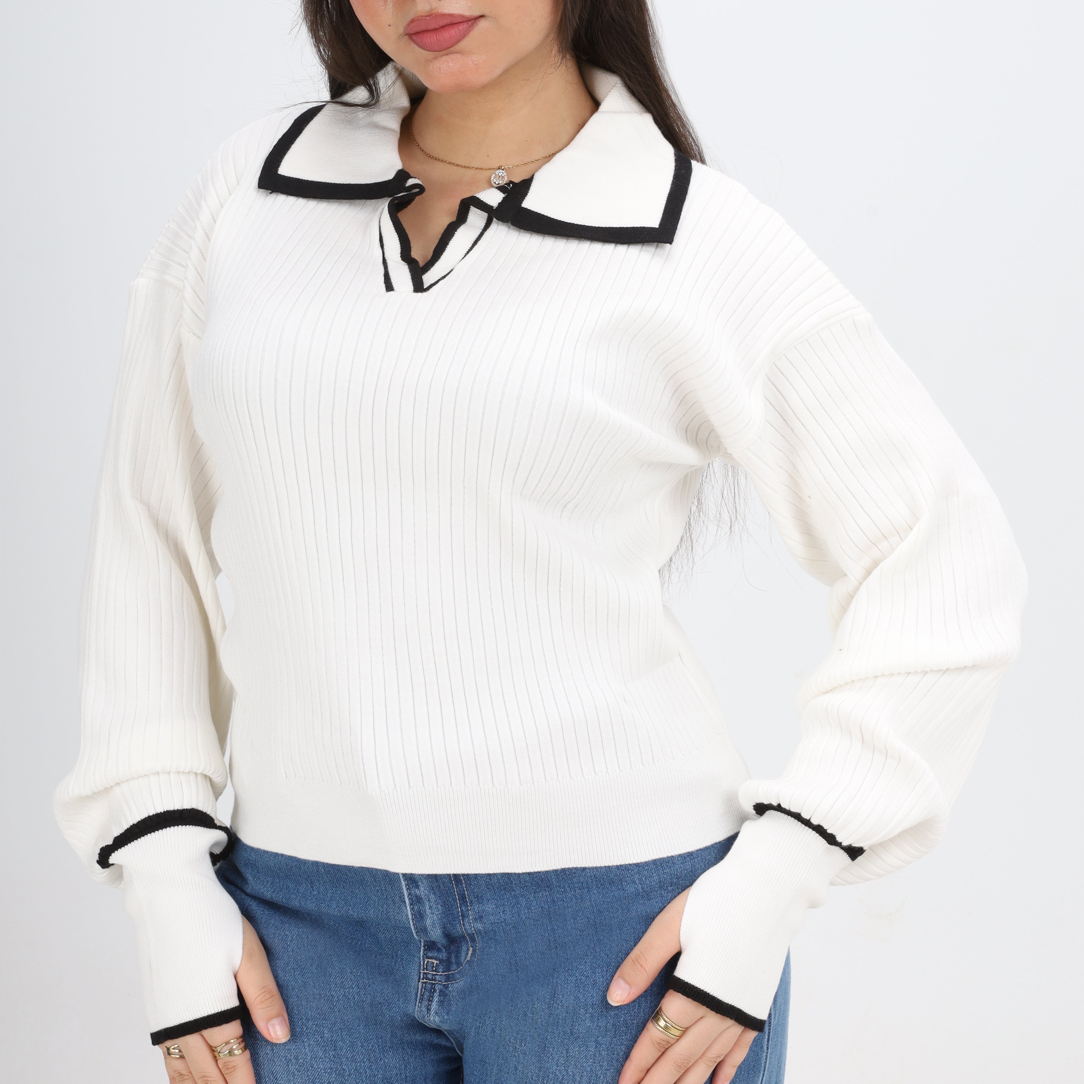 Contrast Collar Ribbed Pullover w16252711