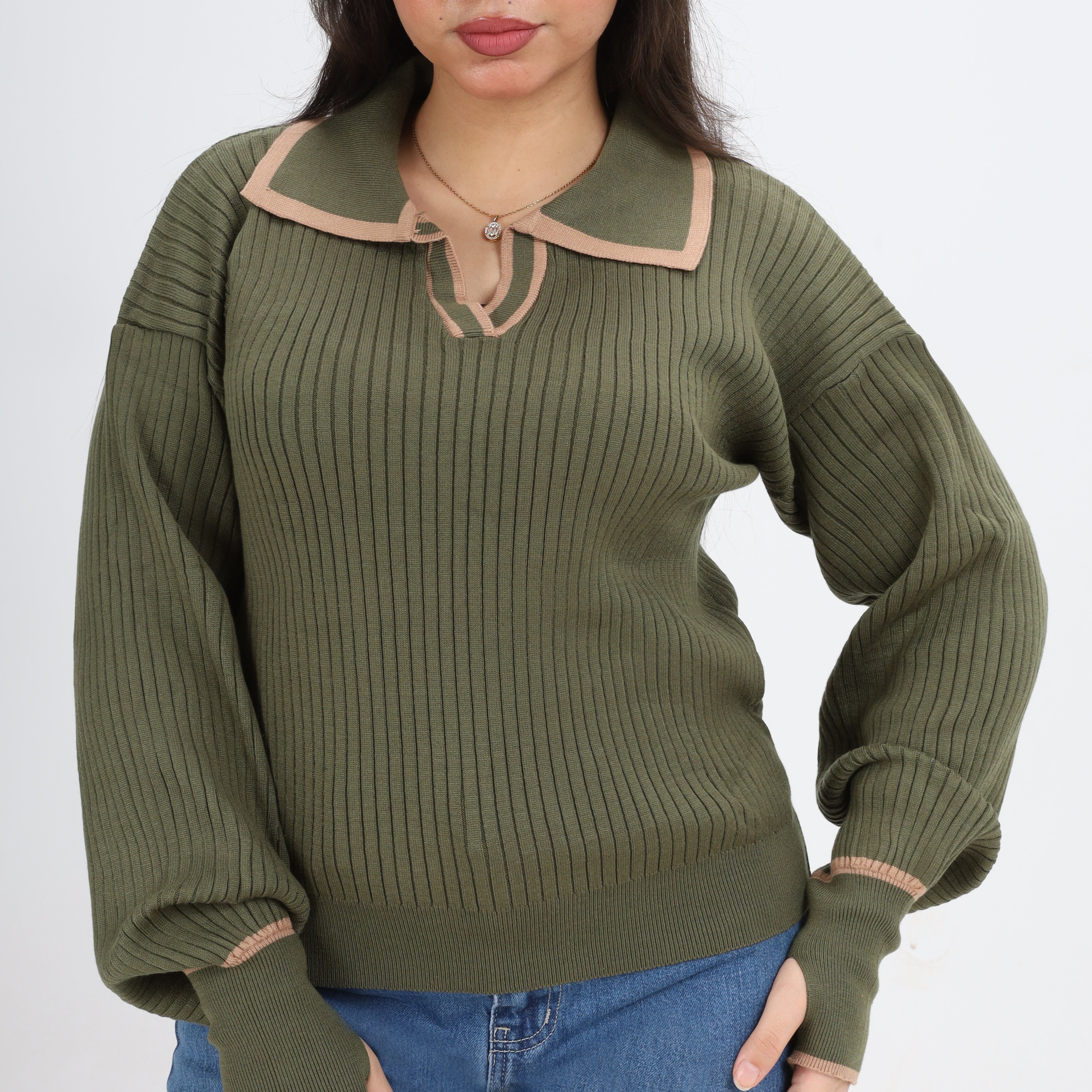 Contrast Collar Ribbed Pullover w16252711