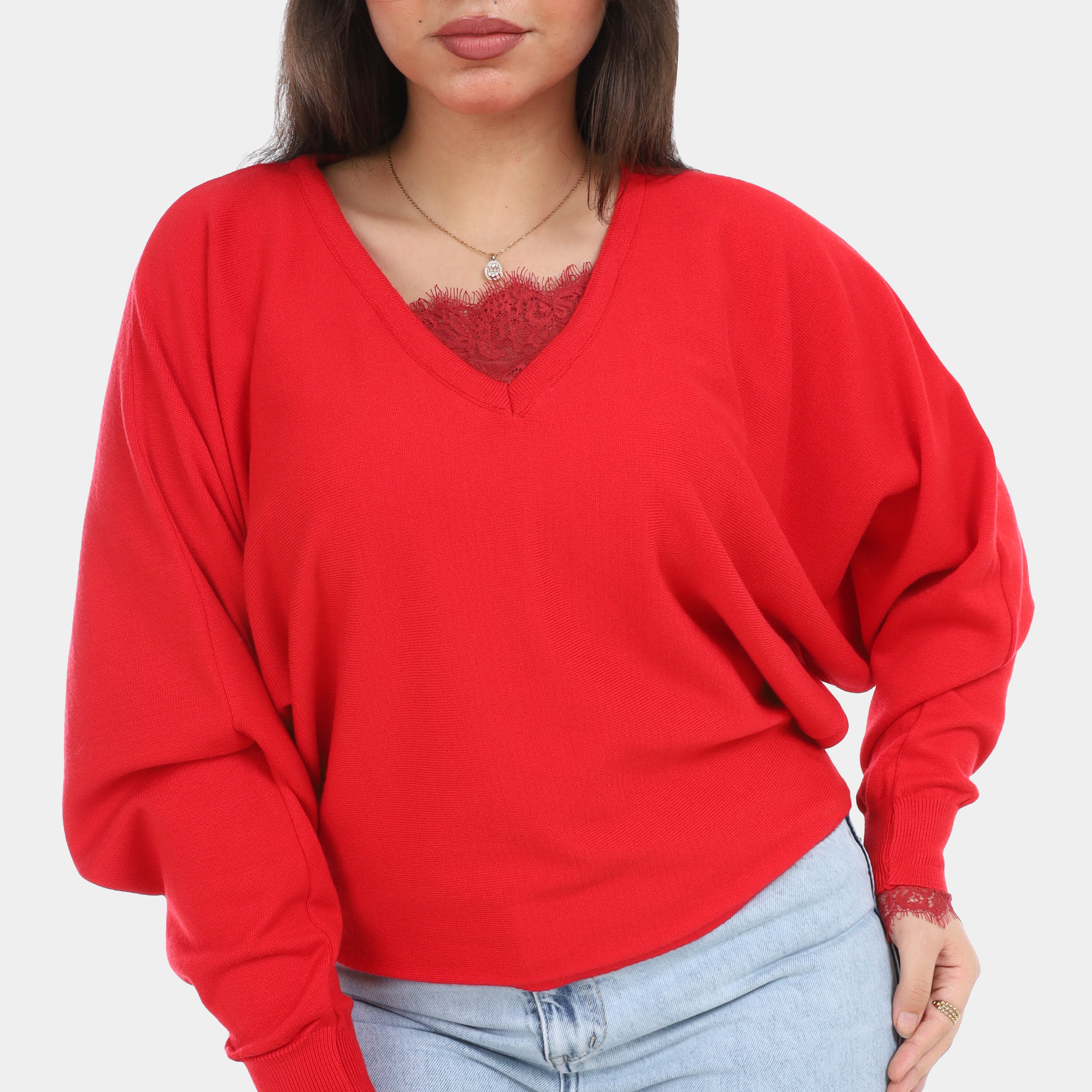 كنزة صوفية محبوكة بتفاصيل دانتيل w16252717