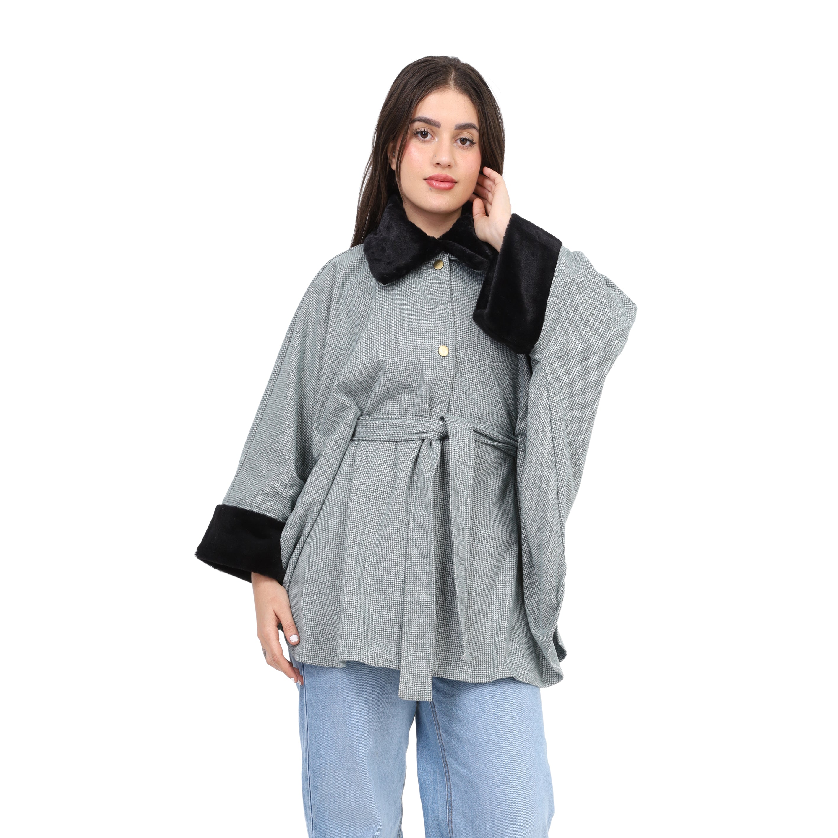 Belted Jacket with Faux Fur Collar w1626/374