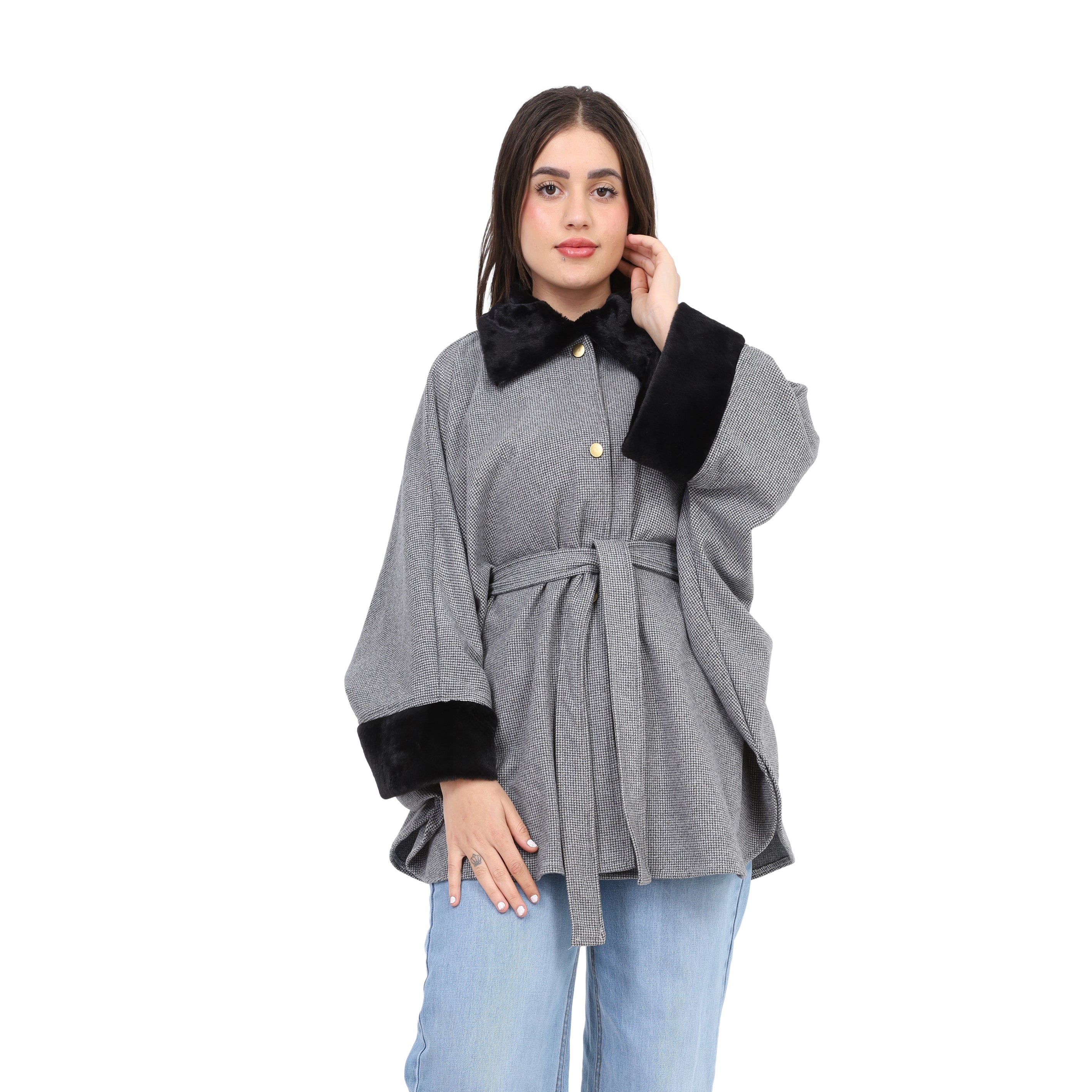 Belted Jacket with Faux Fur Collar w1626/374