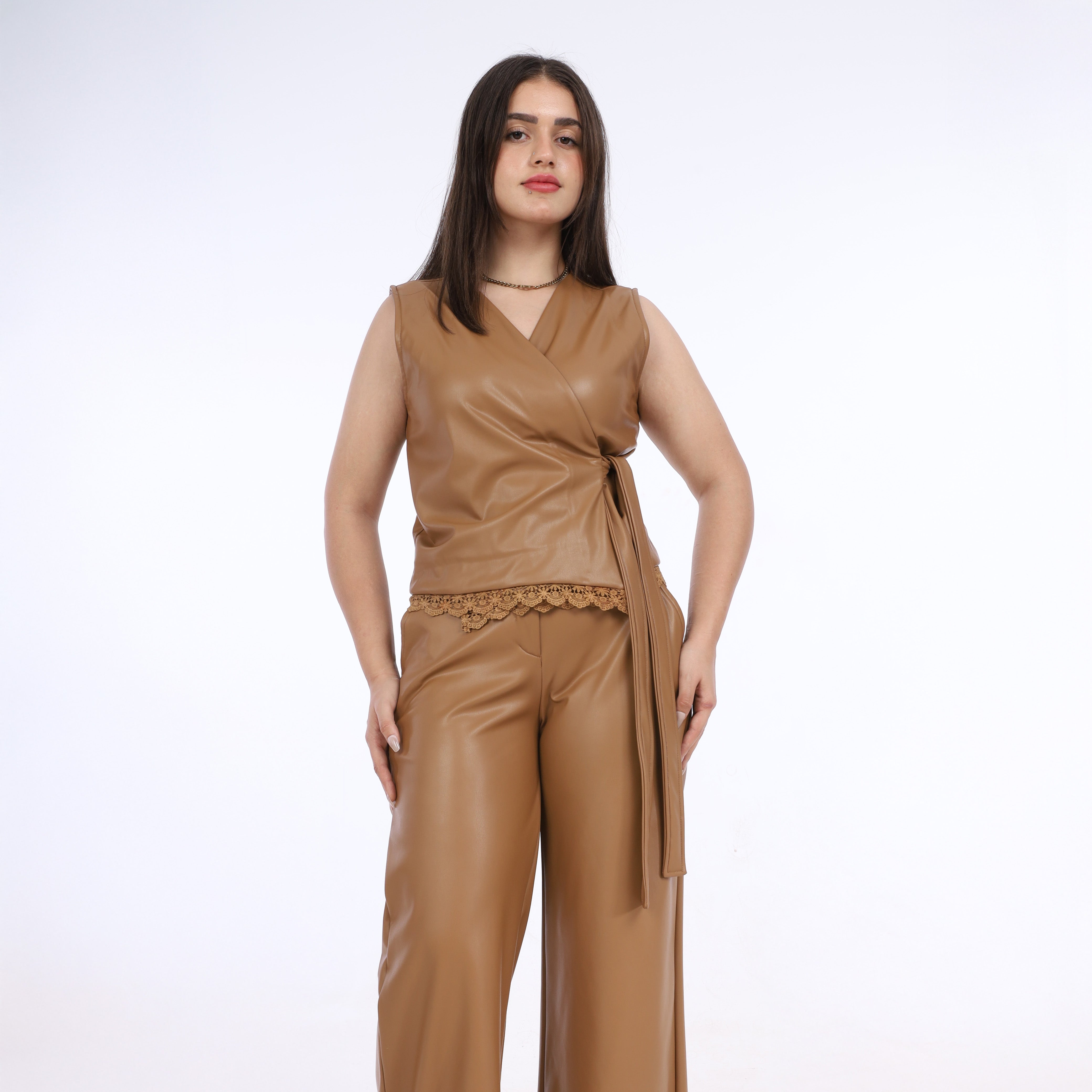 Leather Wrap Vest & Wide-Leg Pants Suit w162641