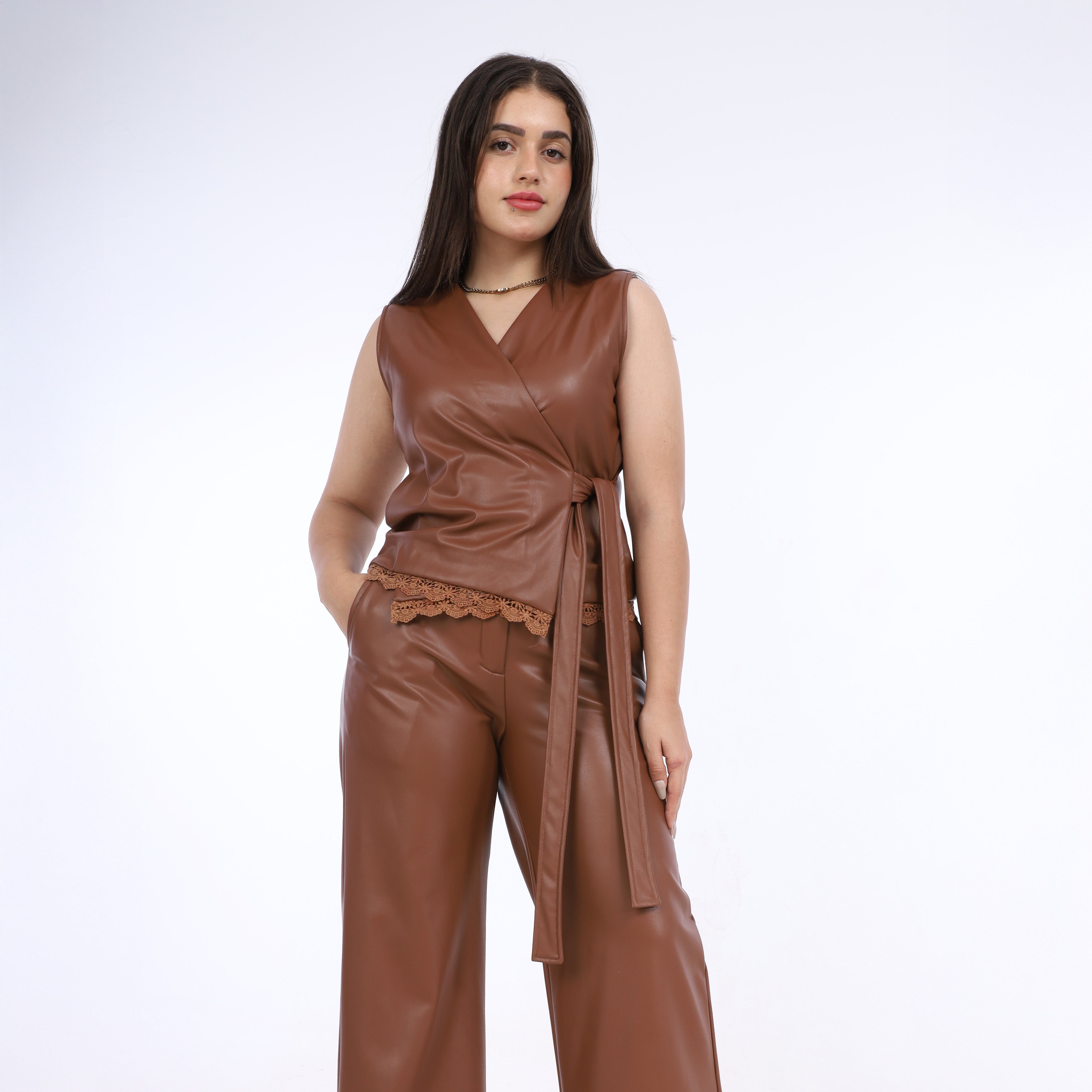 Leather Wrap Vest & Wide-Leg Pants Suit w162641