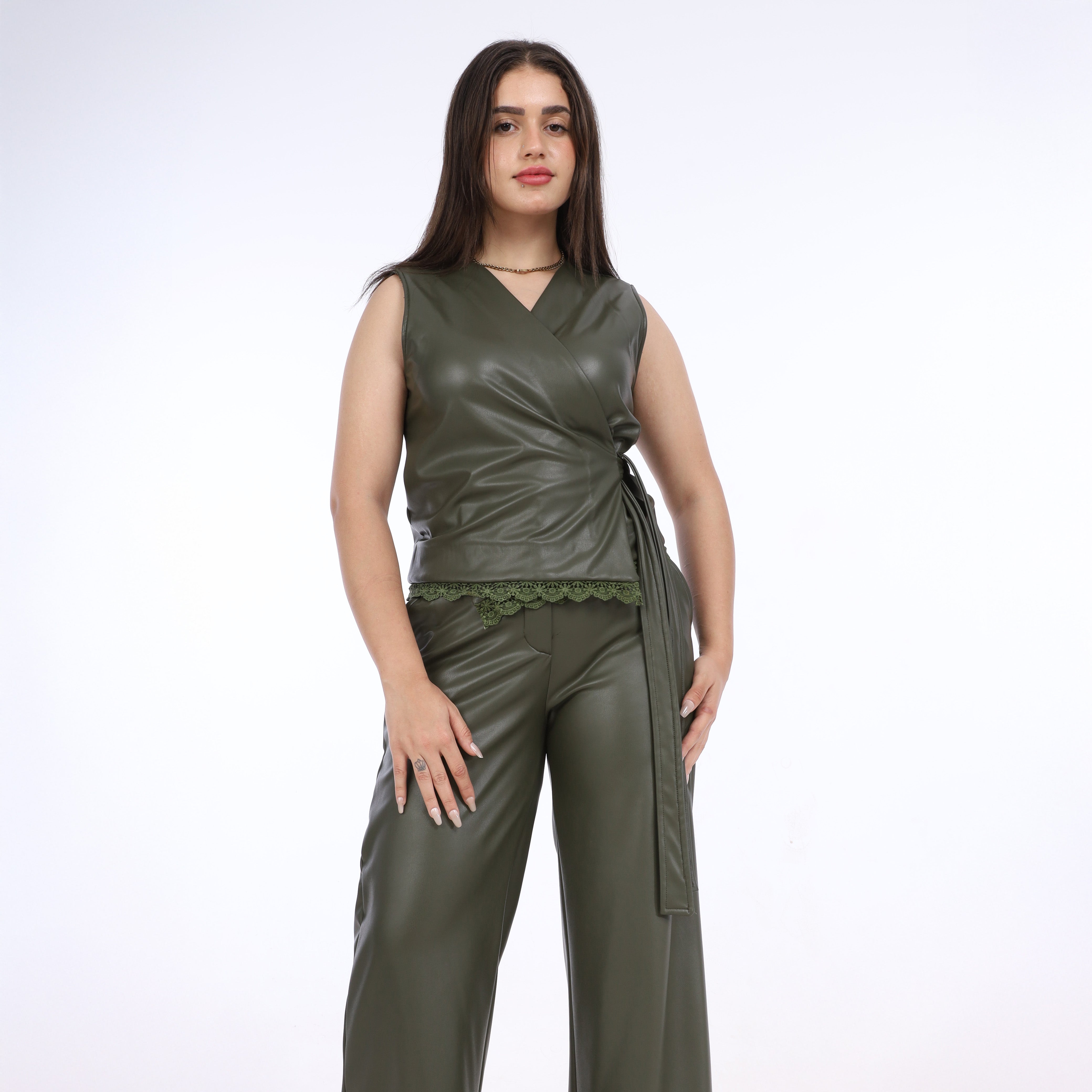 Leather Wrap Vest & Wide-Leg Pants Suit w162641