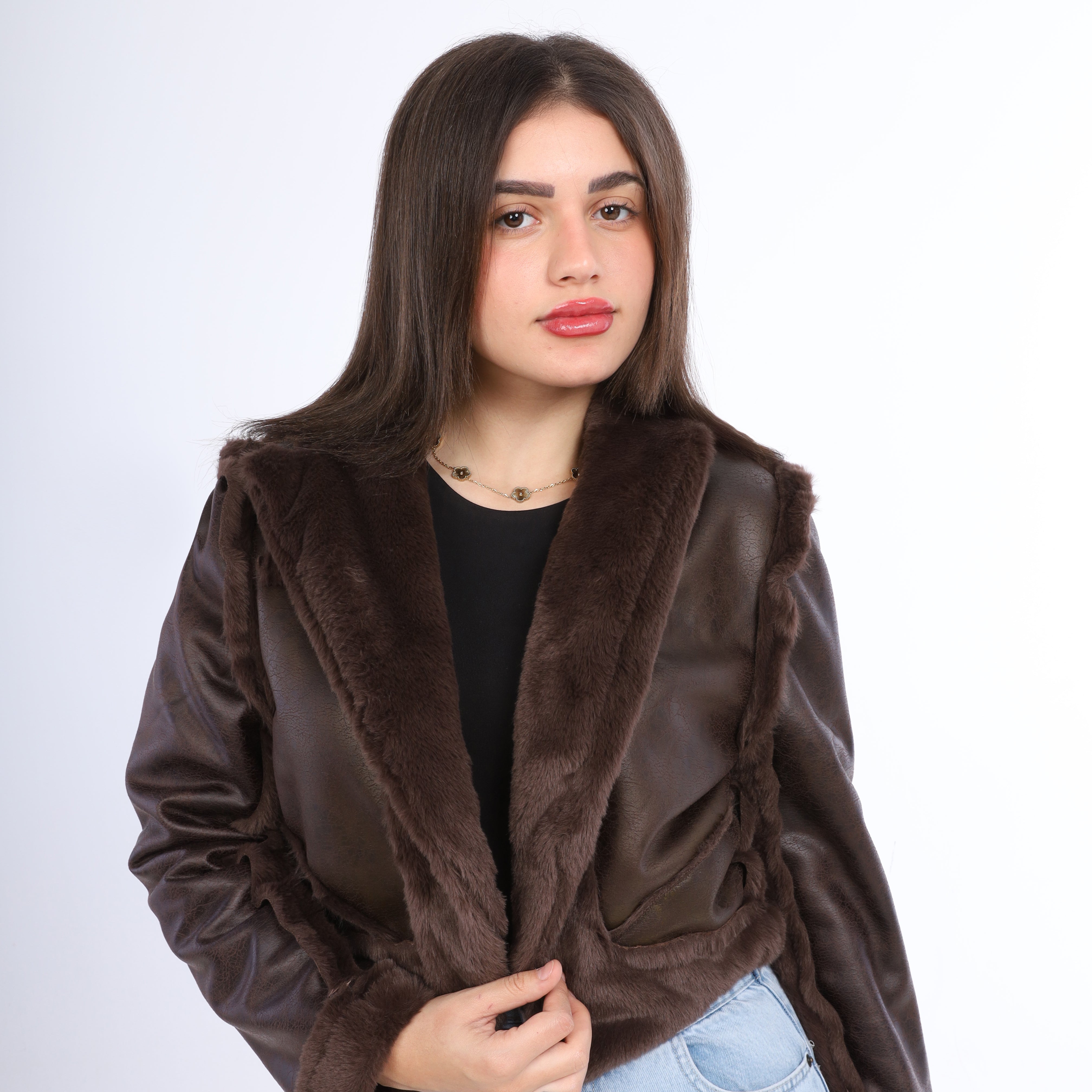 Faux Leather Jacket with Fur Trim w162712