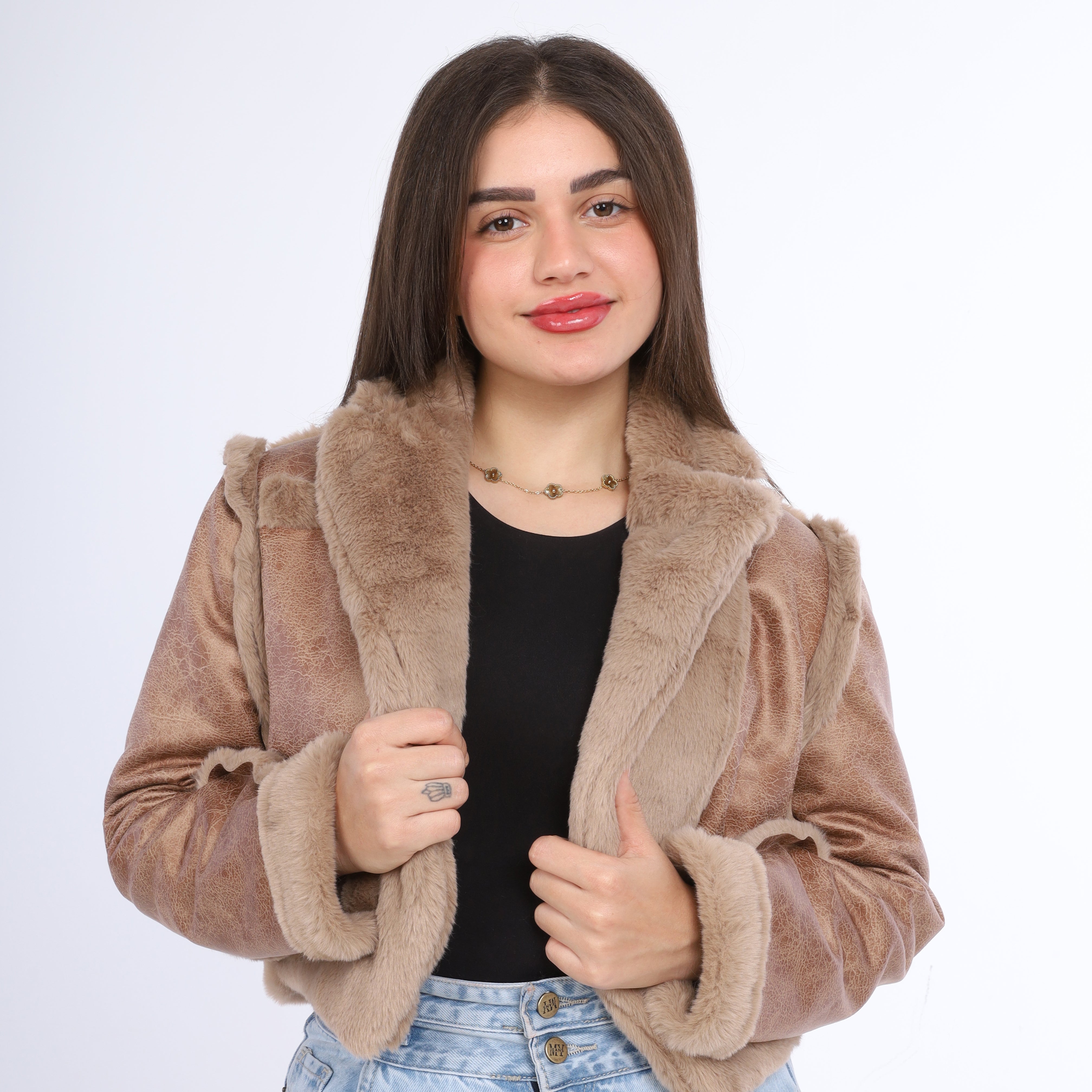 Faux Leather Jacket with Fur Trim w162712